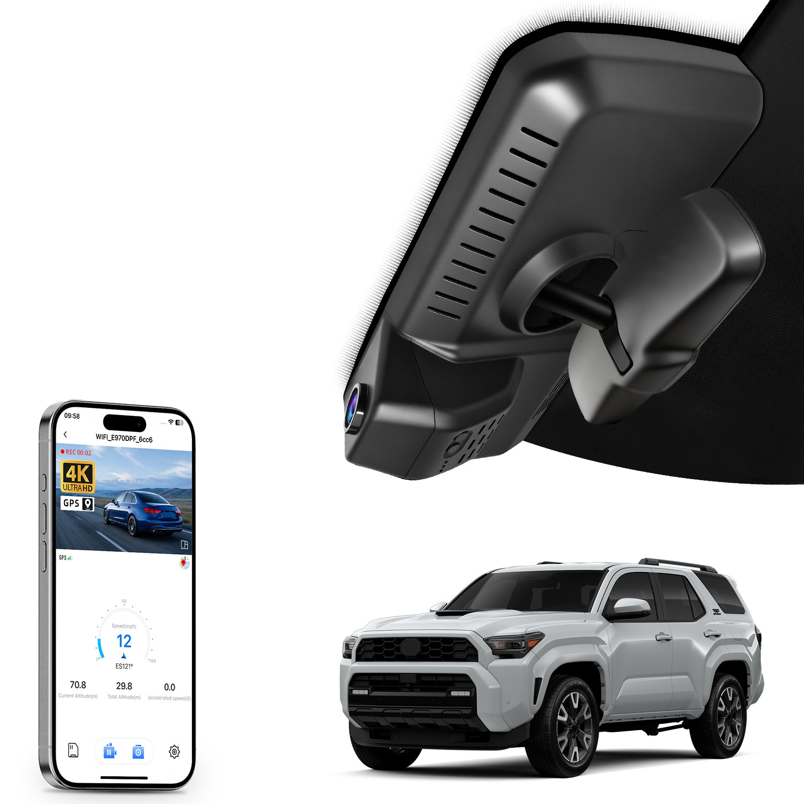 Mangoal rearview mirror built-in dash cam with smartphone app control, 4K Ultra HD recording, GPS tracking, and Toyota 4Runner models in the background.