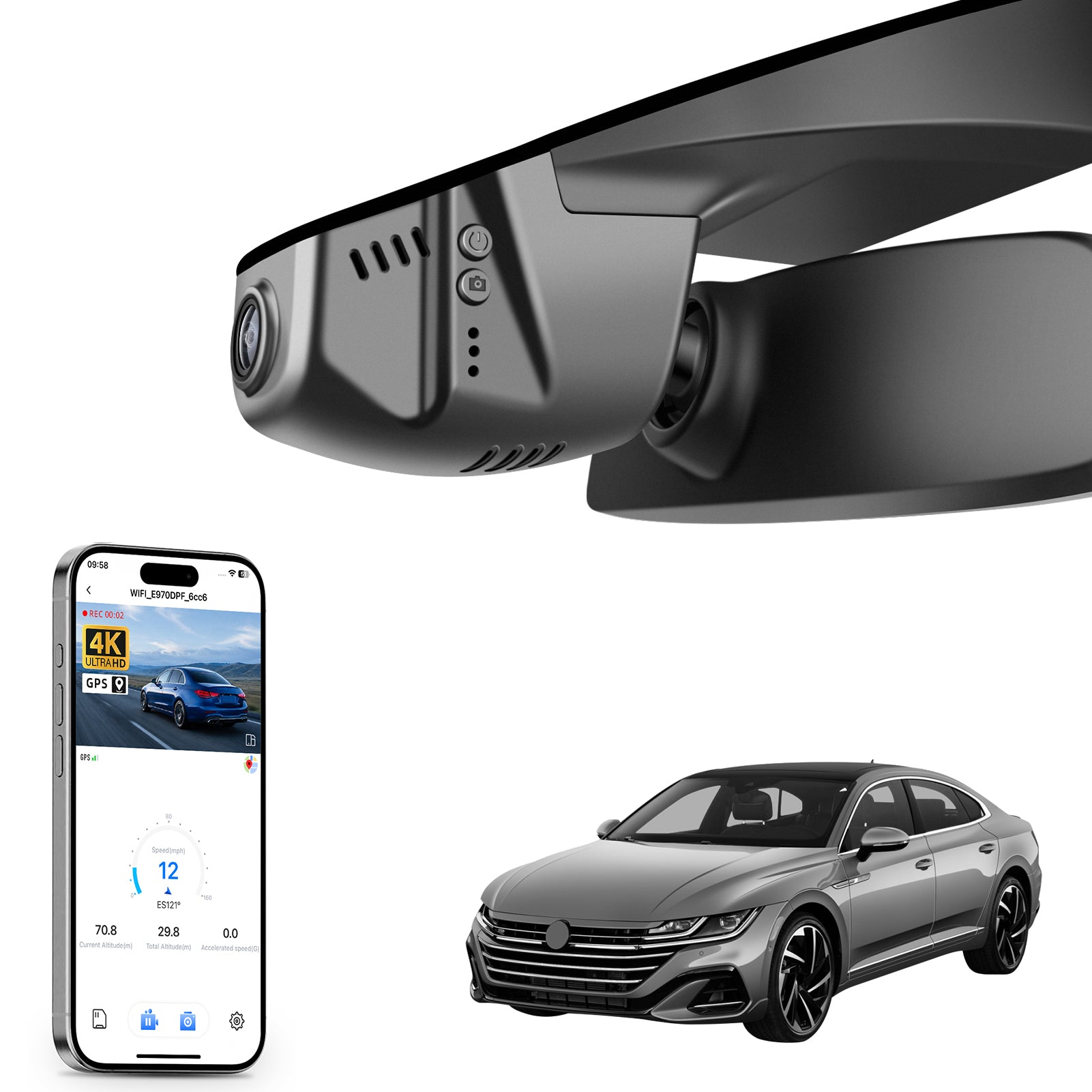 Mangoal rearview mirror built-in dash cam with smartphone app control, 4K Ultra HD recording, GPS tracking, and Volkswagen Arteon Black models in the background.