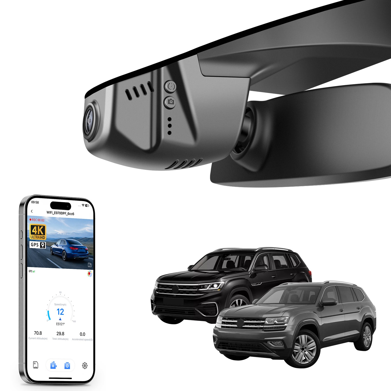 Mangoal rearview mirror built-in dash cam with smartphone app control, 4K Ultra HD recording, GPS tracking, and Volkswagen Atlas & Atlas Cross Sport models in the background.