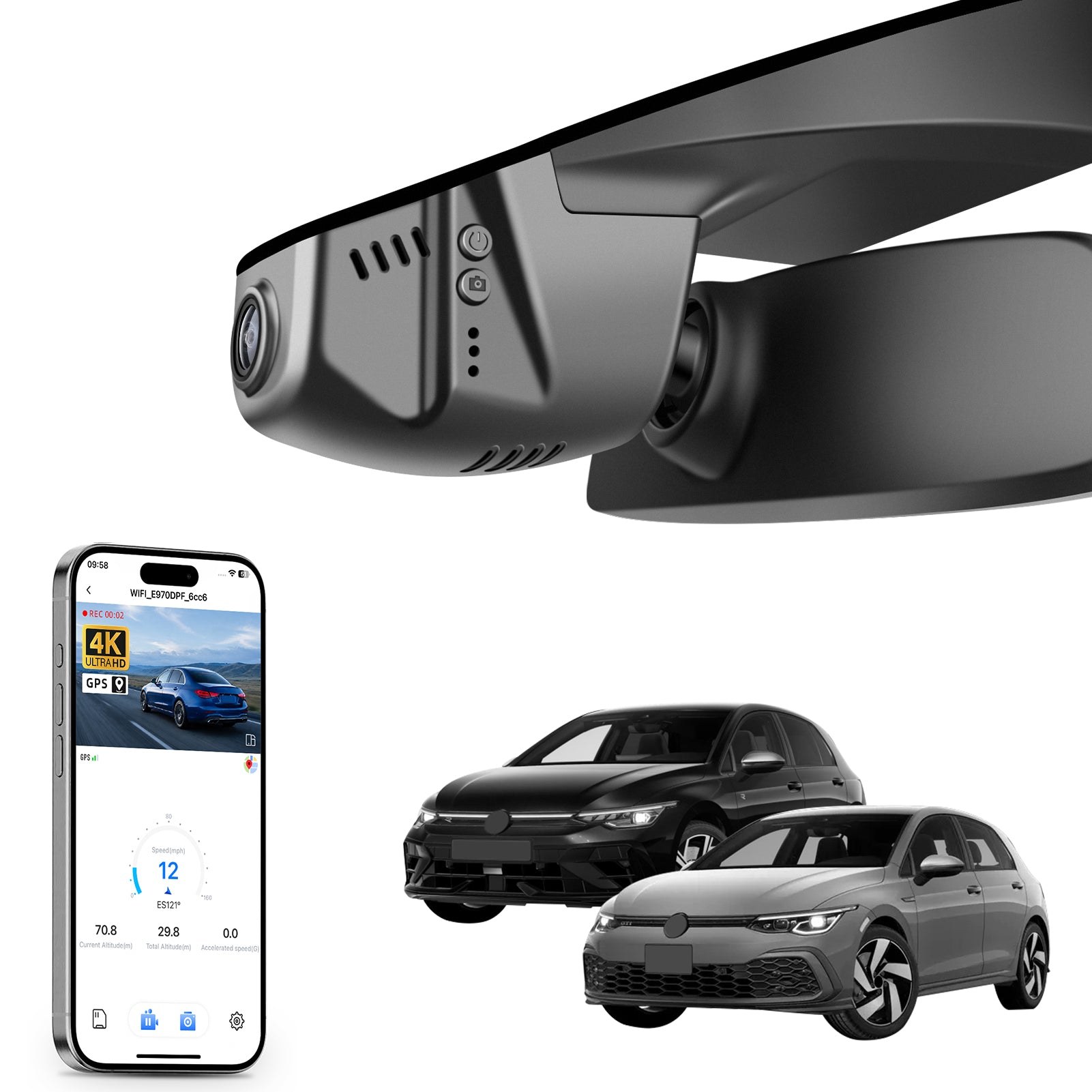 Mangoal rearview mirror built-in dash cam with smartphone app control, 4K Ultra HD recording, GPS tracking, and Volkswagen Golf models in the background.