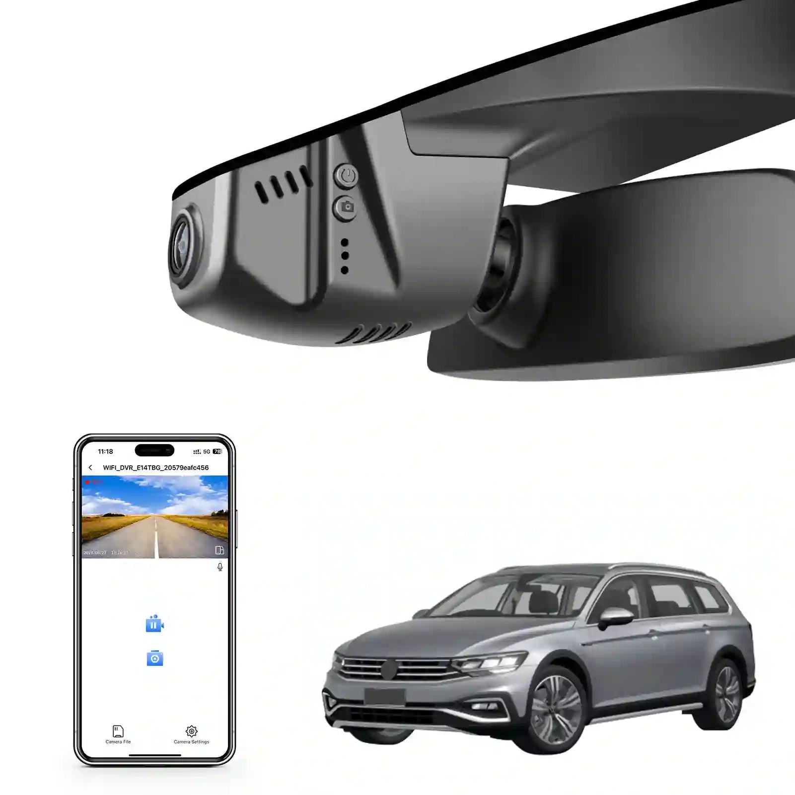 Mangoal rearview mirror built-in dash cam with smartphone app control, 4K Ultra HD recording, GPS tracking, and Volkswagen Passat models in the background.