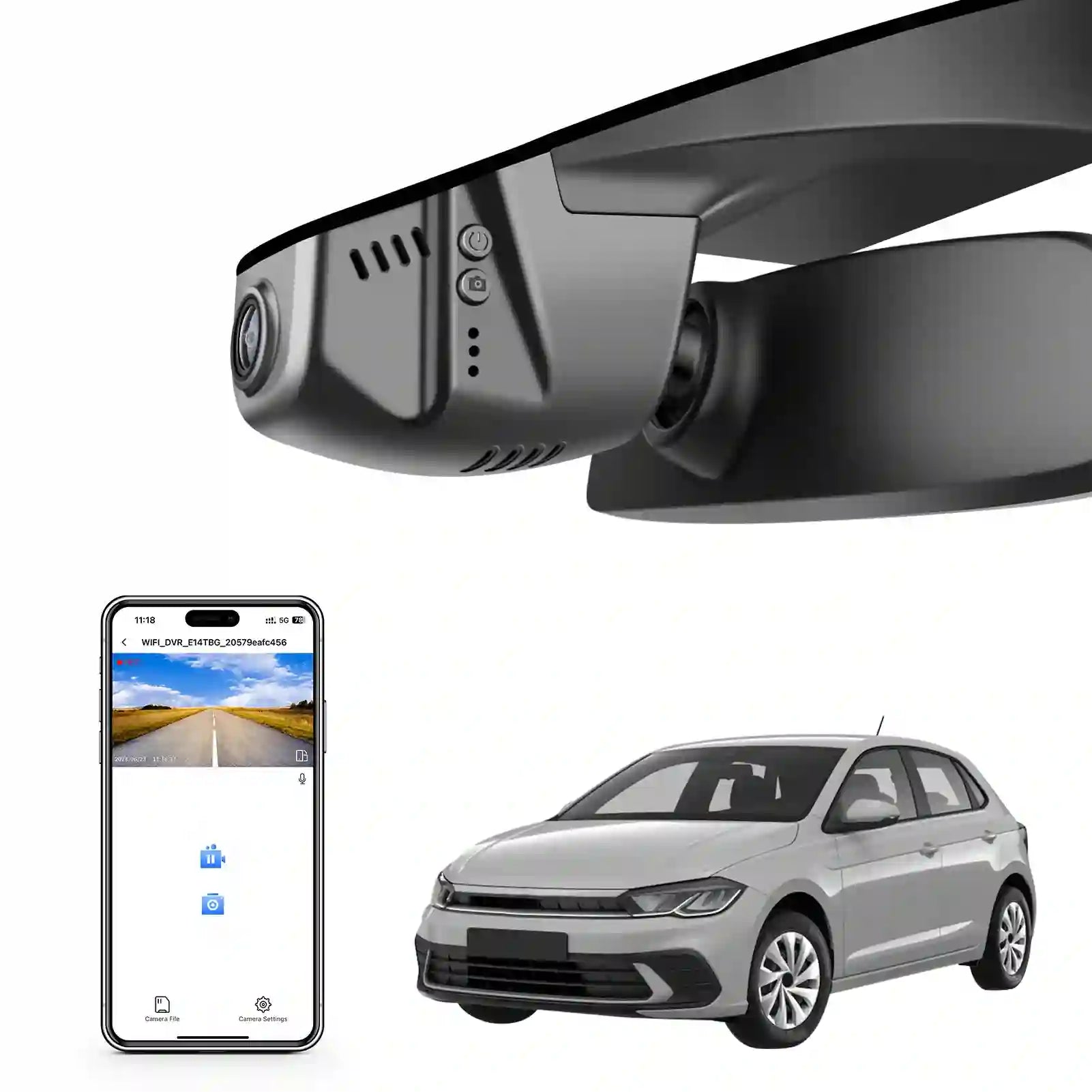 Mangoal rearview mirror built-in dash cam with smartphone app control, 4K Ultra HD recording, GPS tracking, and Volkswagen Polo models in the background.