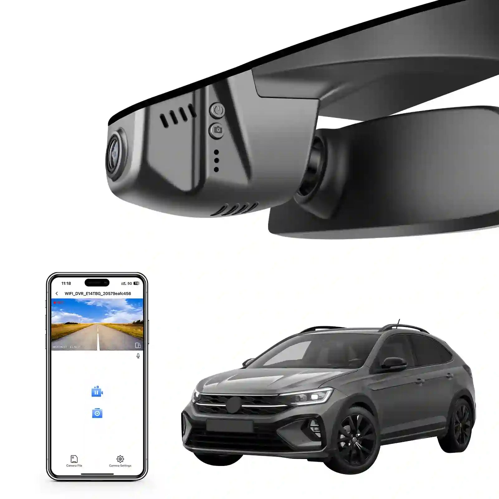 Mangoal rearview mirror built-in dash cam with smartphone app control, 4K Ultra HD recording, GPS tracking, and Volkswagen Taigo models in the background.