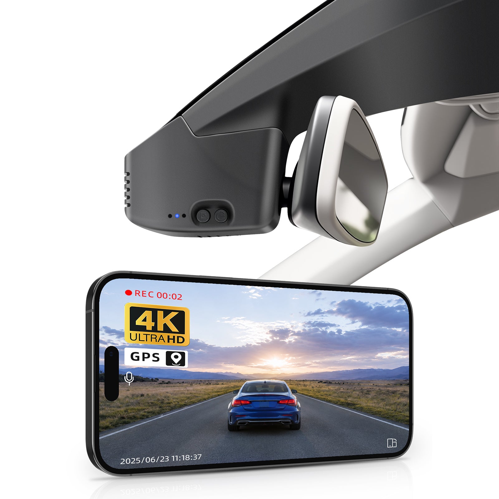 Mangoal rearview mirror built-in dash cam with smartphone app control, 4K Ultra HD recording, GPS tracking, and Volkswagen Tiguan models in the background.