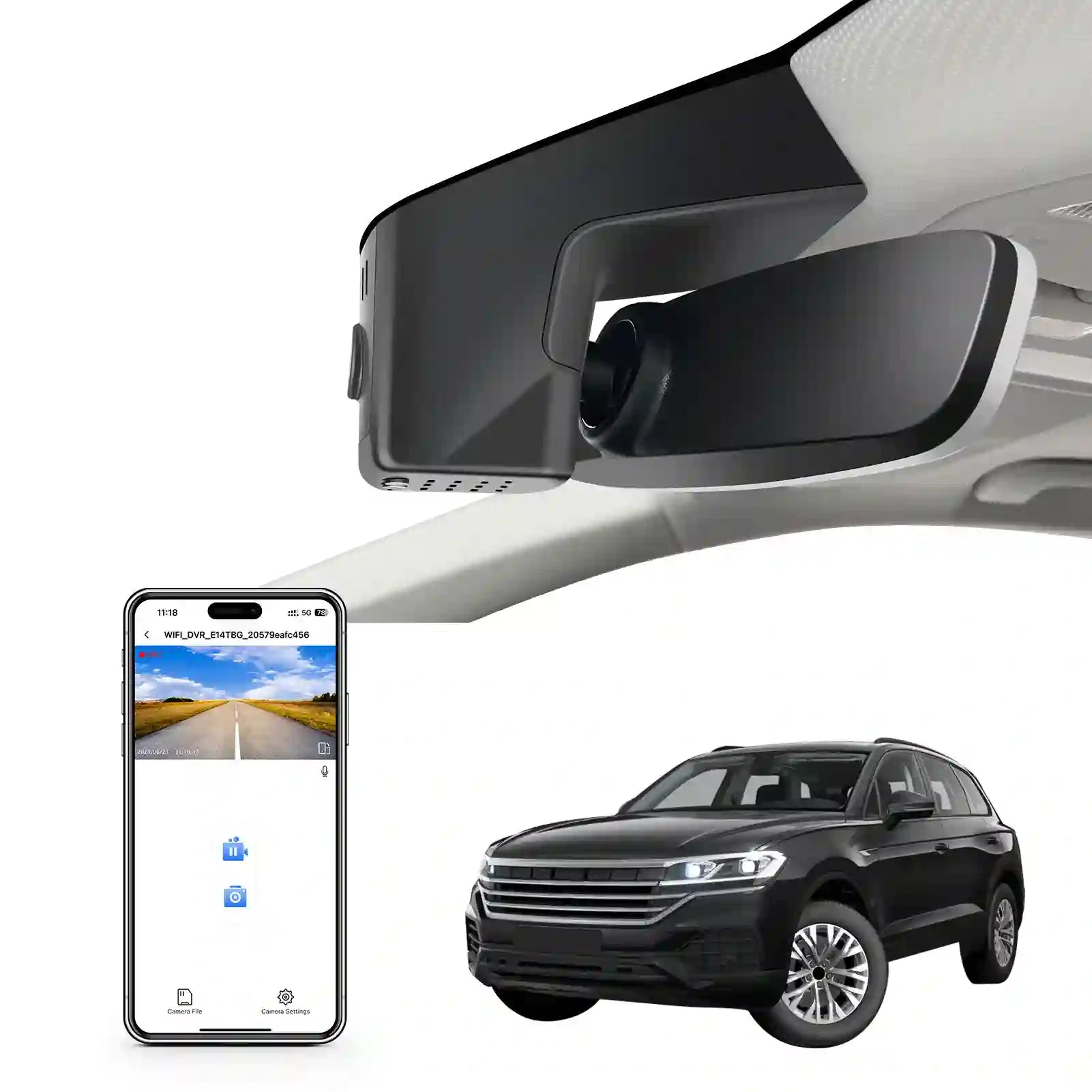 Mangoal rearview mirror built-in dash cam with smartphone app control, 4K Ultra HD recording, GPS tracking, and Volkswagen Touareg models in the background.