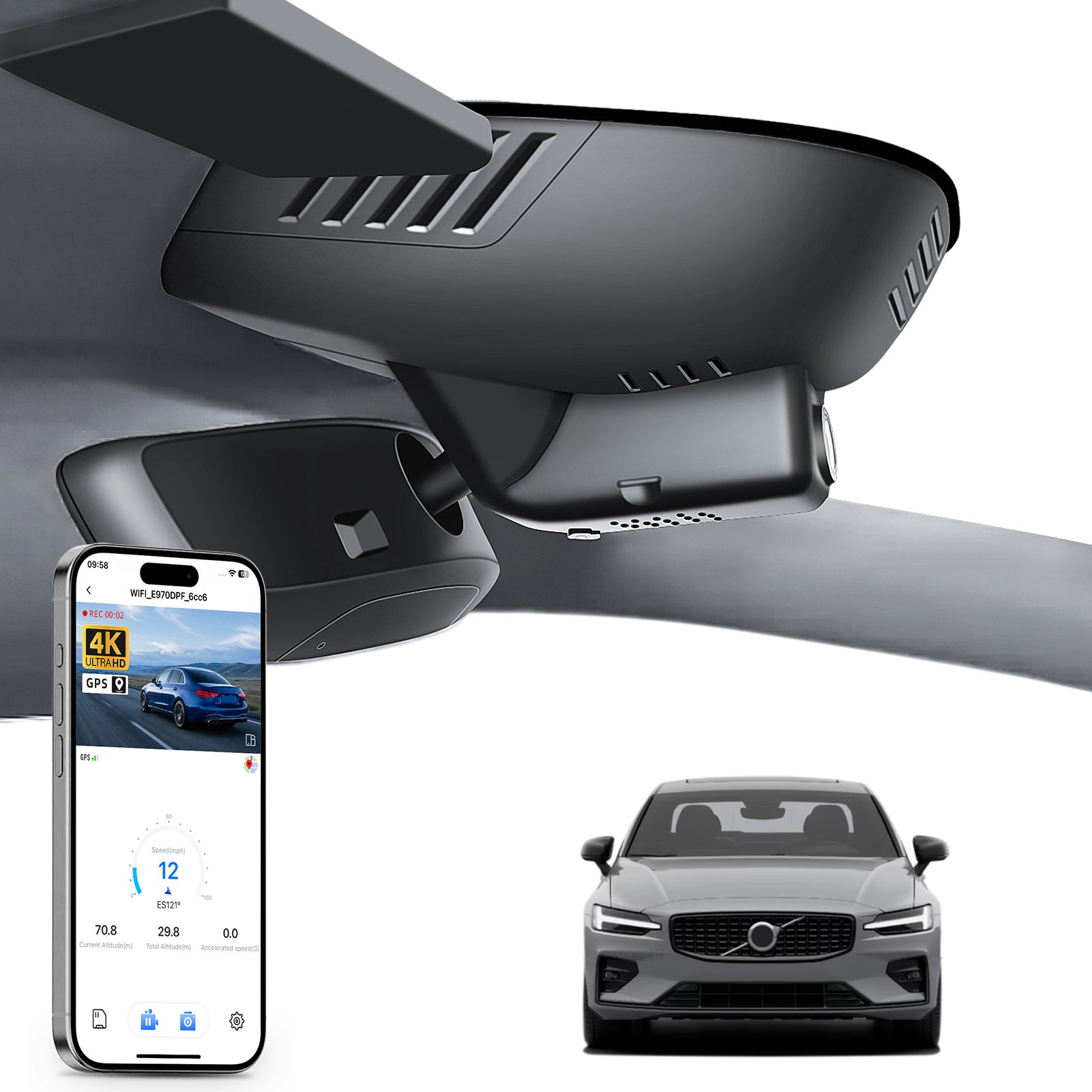 Mangoal rearview mirror built-in dash cam with smartphone app control, 4K Ultra HD recording, GPS tracking, and Volvo S60 V60 models in the background.
