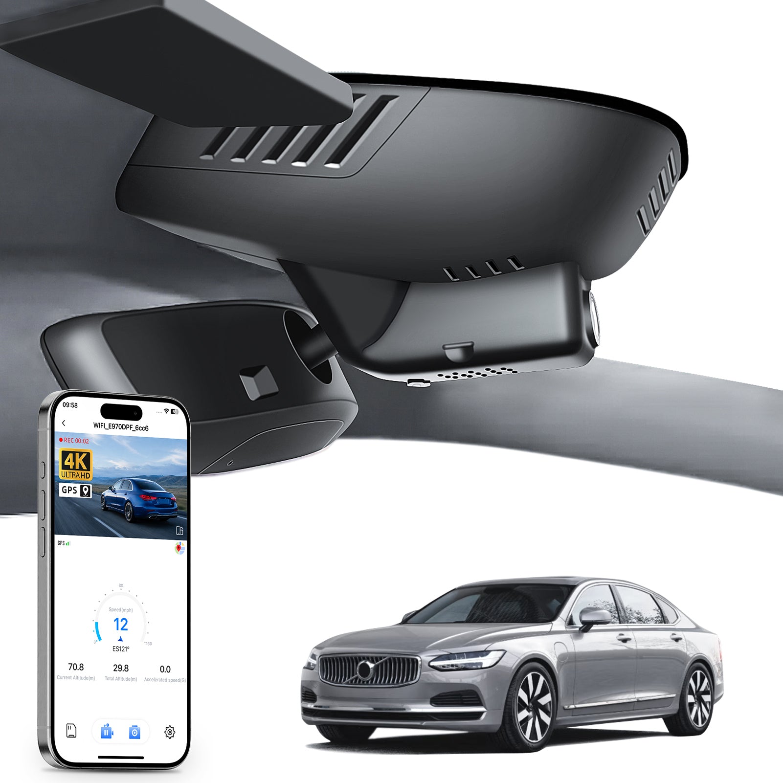 Mangoal rearview mirror built-in dash cam with smartphone app control, 4K Ultra HD recording, GPS tracking, and Volvo S90 V90 models in the background.
