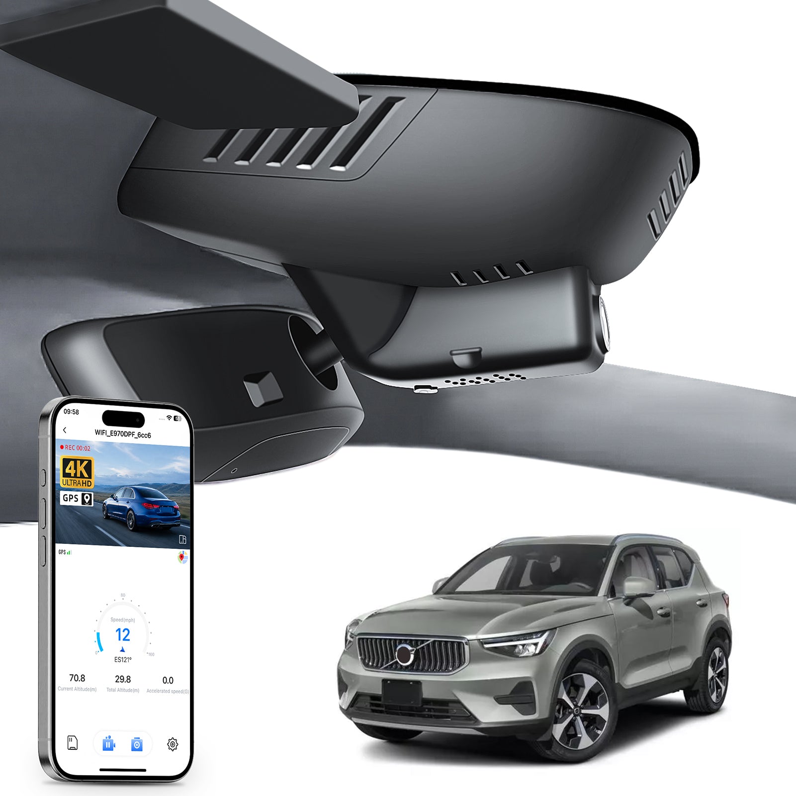 Mangoal rearview mirror built-in dash cam with smartphone app control, 4K Ultra HD recording, GPS tracking, and Volvo XC40 models in the background.