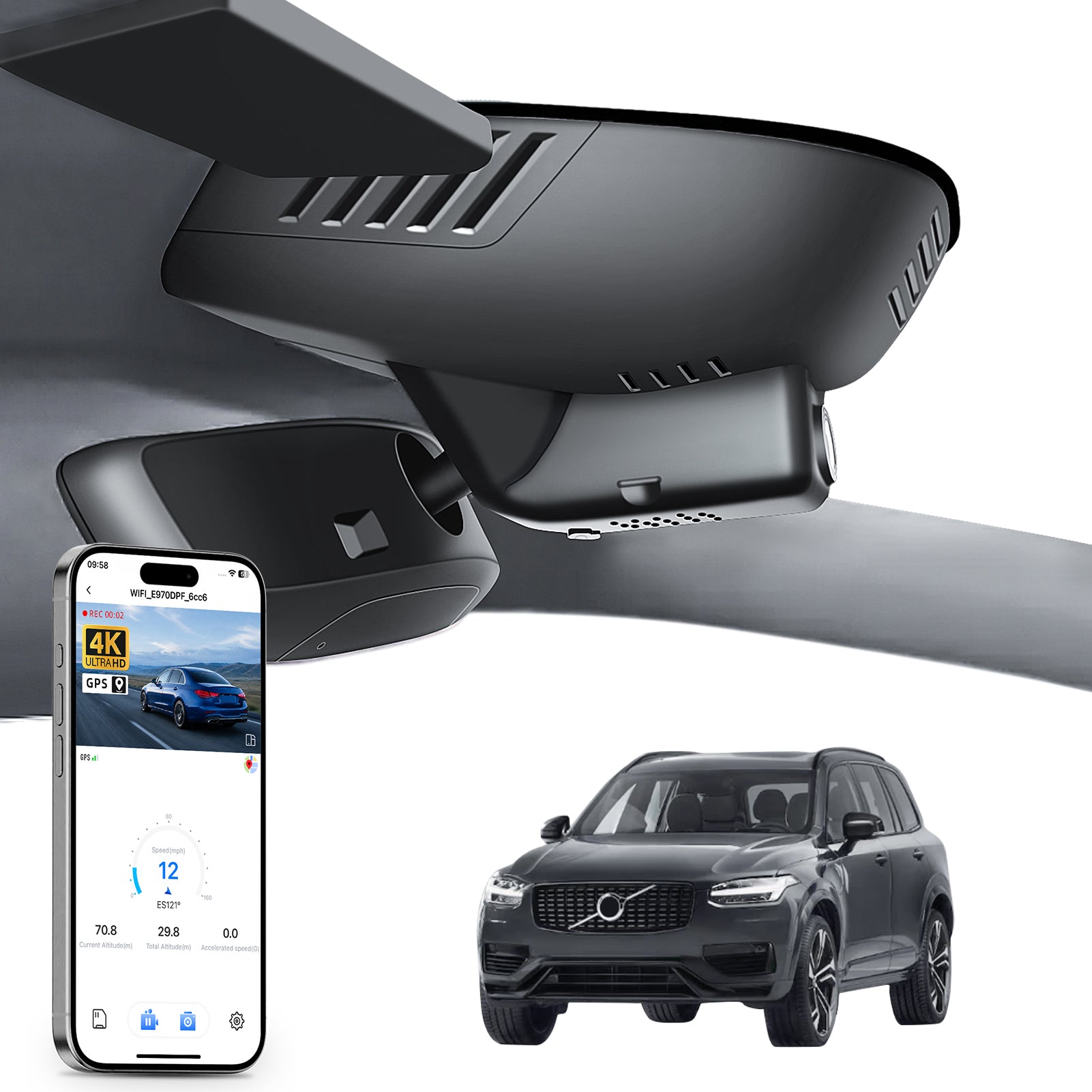 Mangoal rearview mirror built-in dash cam with smartphone app control, 4K Ultra HD recording, GPS tracking, and Volvo XC90 models in the background.