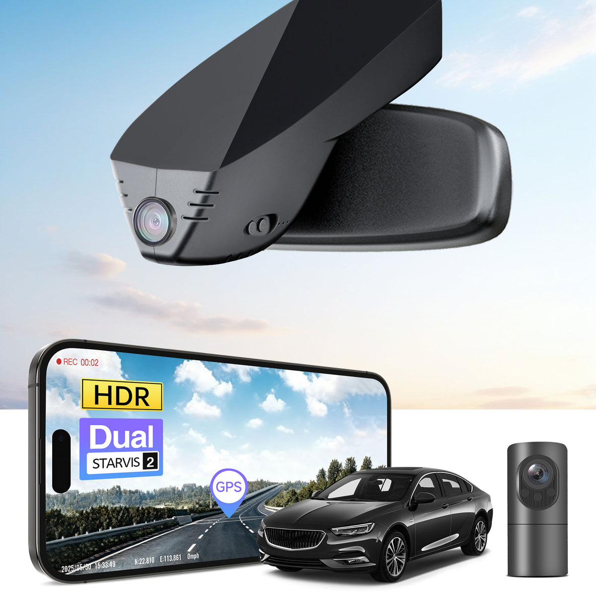 Car dual STARVIS 2 2CH dash camera , displaying smartphone app control, 4K Ultra HD recording, GPS tracking, and Buick Regal Sedans models in the background. 