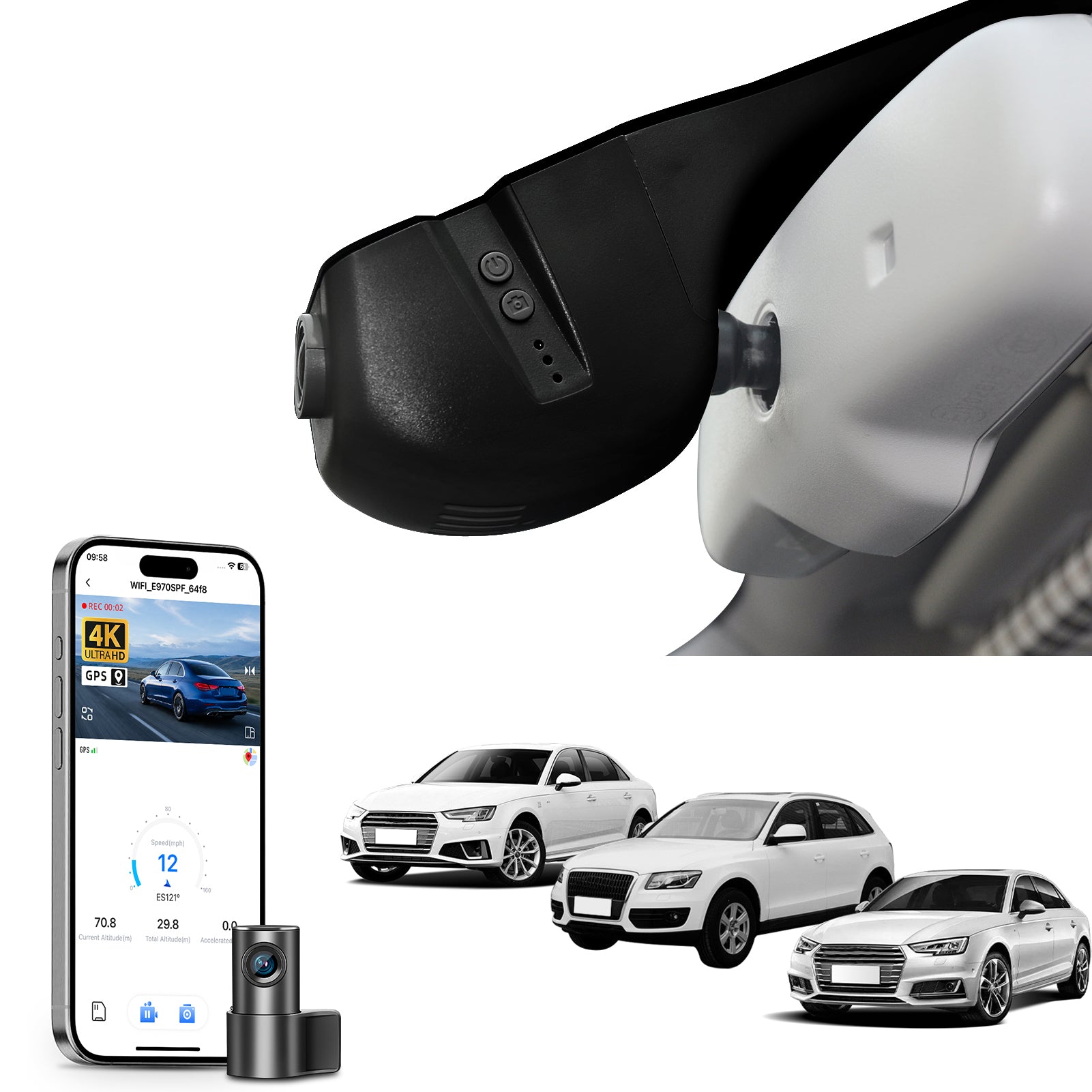 Mangoal 2 channel dash cam with STARVIS sensor, features smartphone app control, front 4K UHD and rear Full HD recording, GPS tracking, and Audi Black  models in the background.