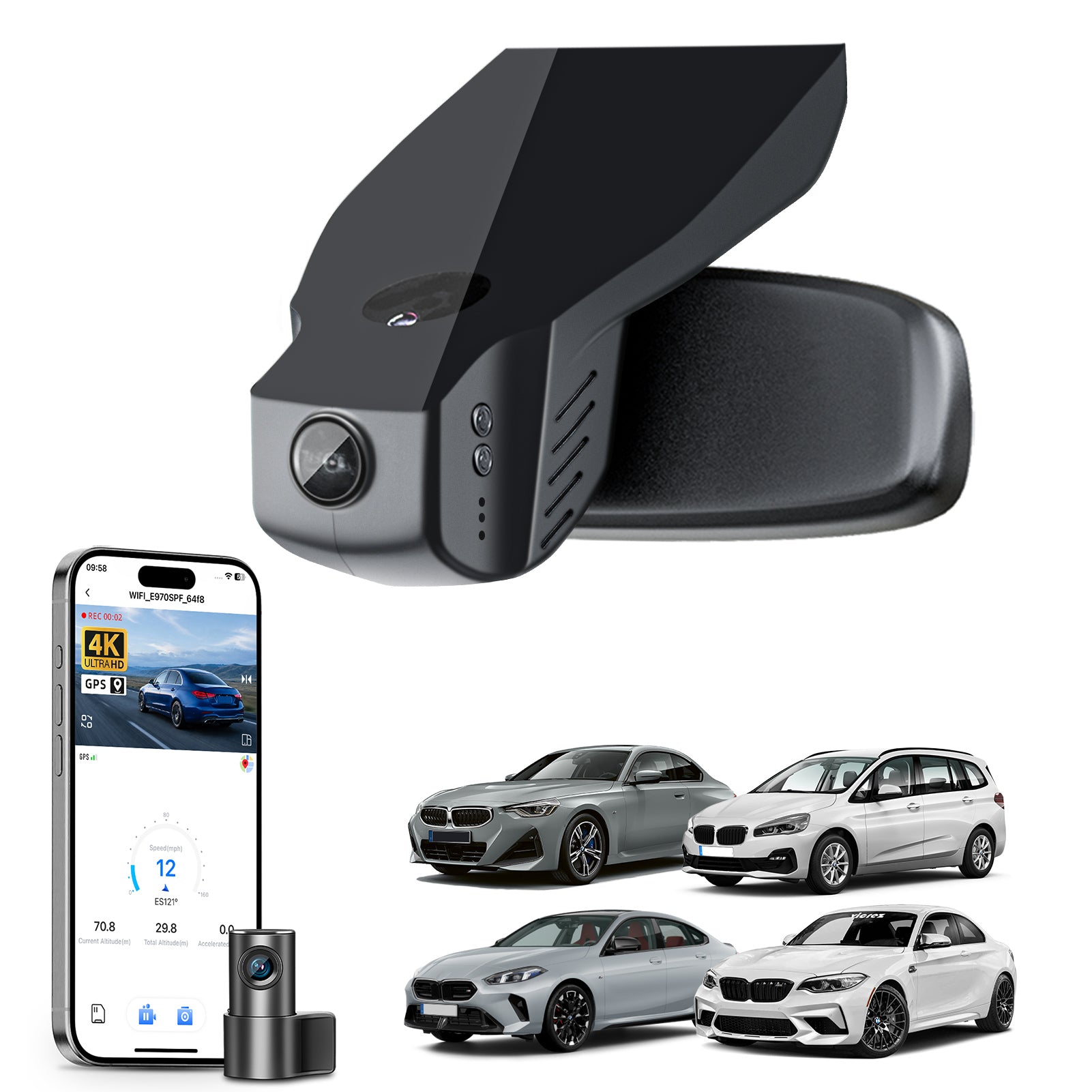 Mangoal 2 channel dash cam with STARVIS sensor, features smartphone app control, front 4K UHD and rear Full HD recording, GPS tracking, and BMW 2 Series M2 models in the background.