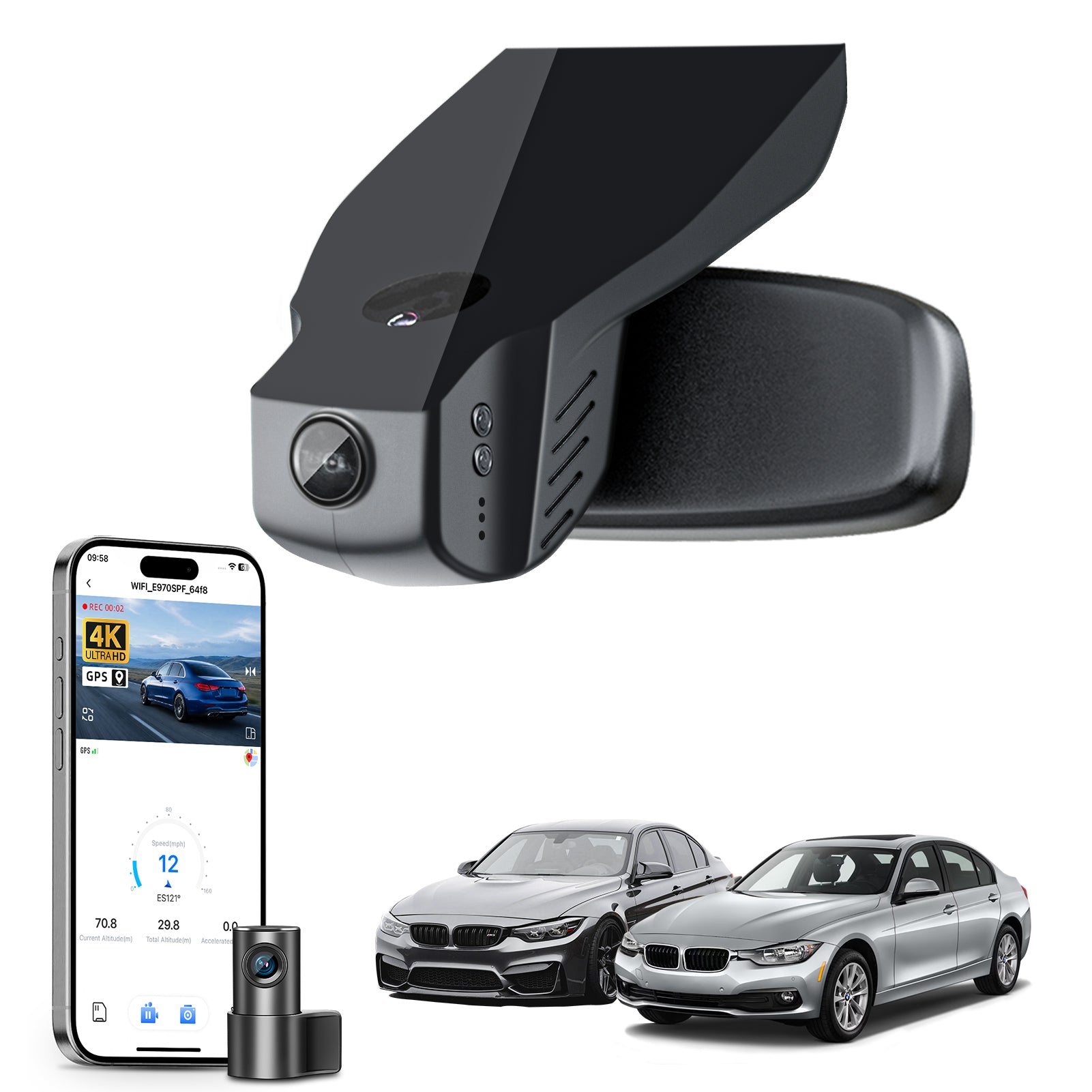 Mangoal 2 channel dash cam with STARVIS sensor, features smartphone app control, front 4K UHD and rear Full HD recording, GPS tracking, and BMW 3 Series Gen6 models in the background