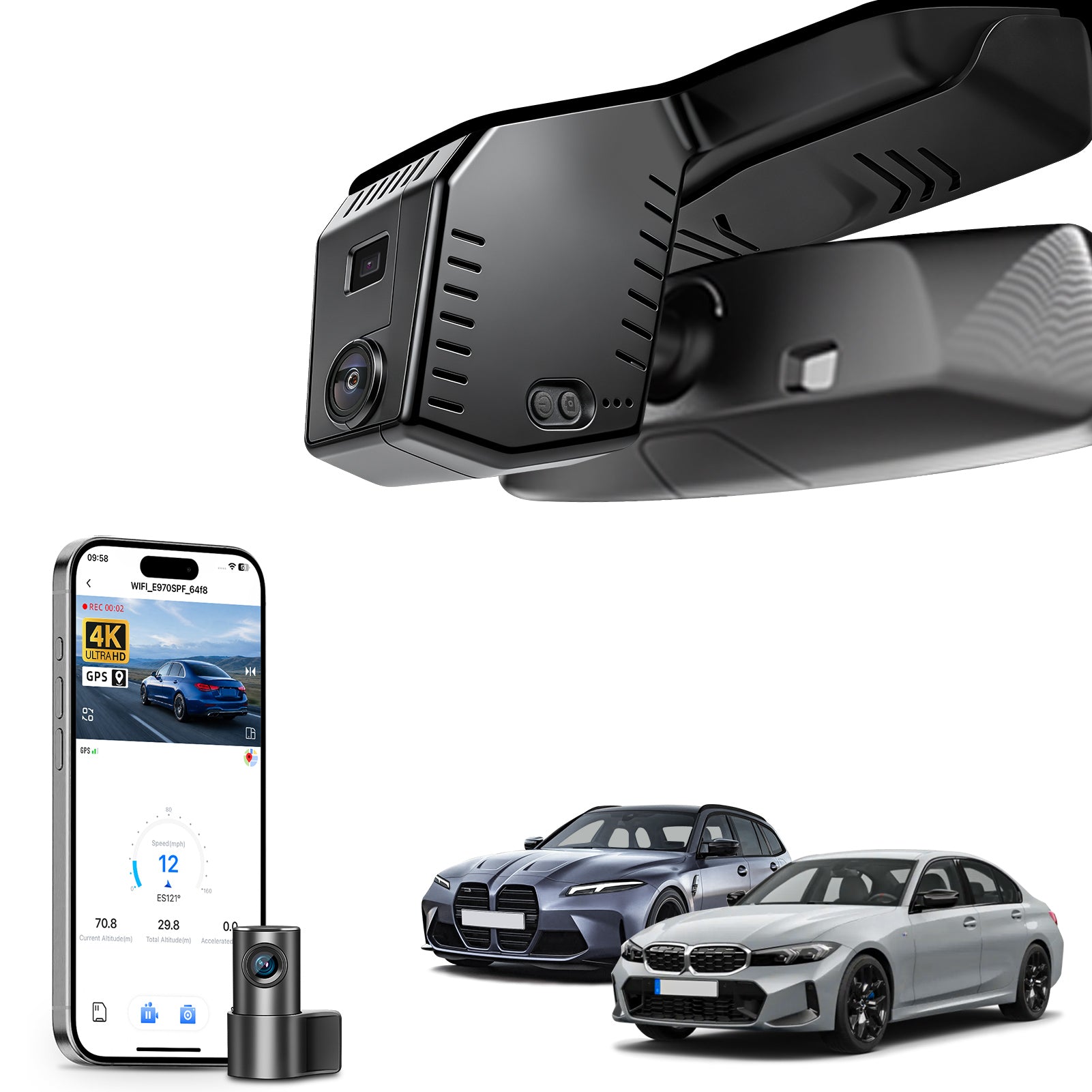 Mangoal 2 channel dash cam with STARVIS sensor, features smartphone app control, front 4K UHD and rear Full HD recording, GPS tracking, and BMW 3 Series Gen7 models in the background.
