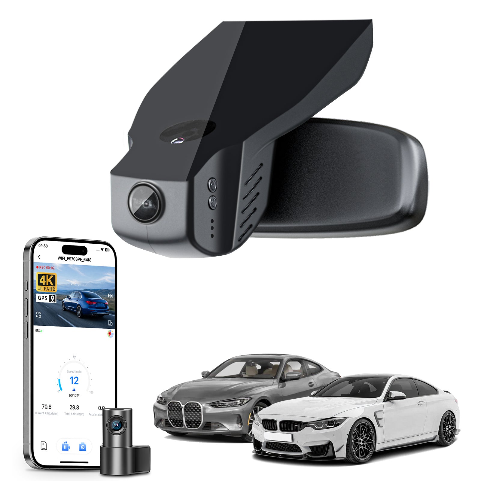 Mangoal 2 channel dash cam with STARVIS sensor, features smartphone app control, front 4K UHD and rear Full HD recording, GPS tracking, and BMW 4 Series Gen1 models in the background.