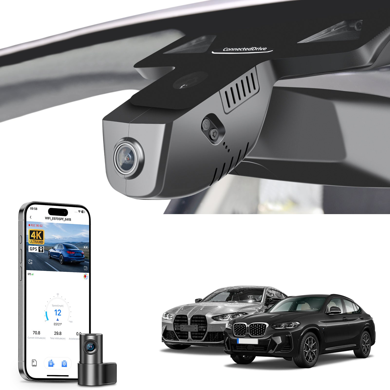 Mangoal 2 channel dash cam with STARVIS sensor, features smartphone app control, front 4K UHD and rear Full HD recording, GPS tracking, and BMW 4 Series Gen2 models in the background.
