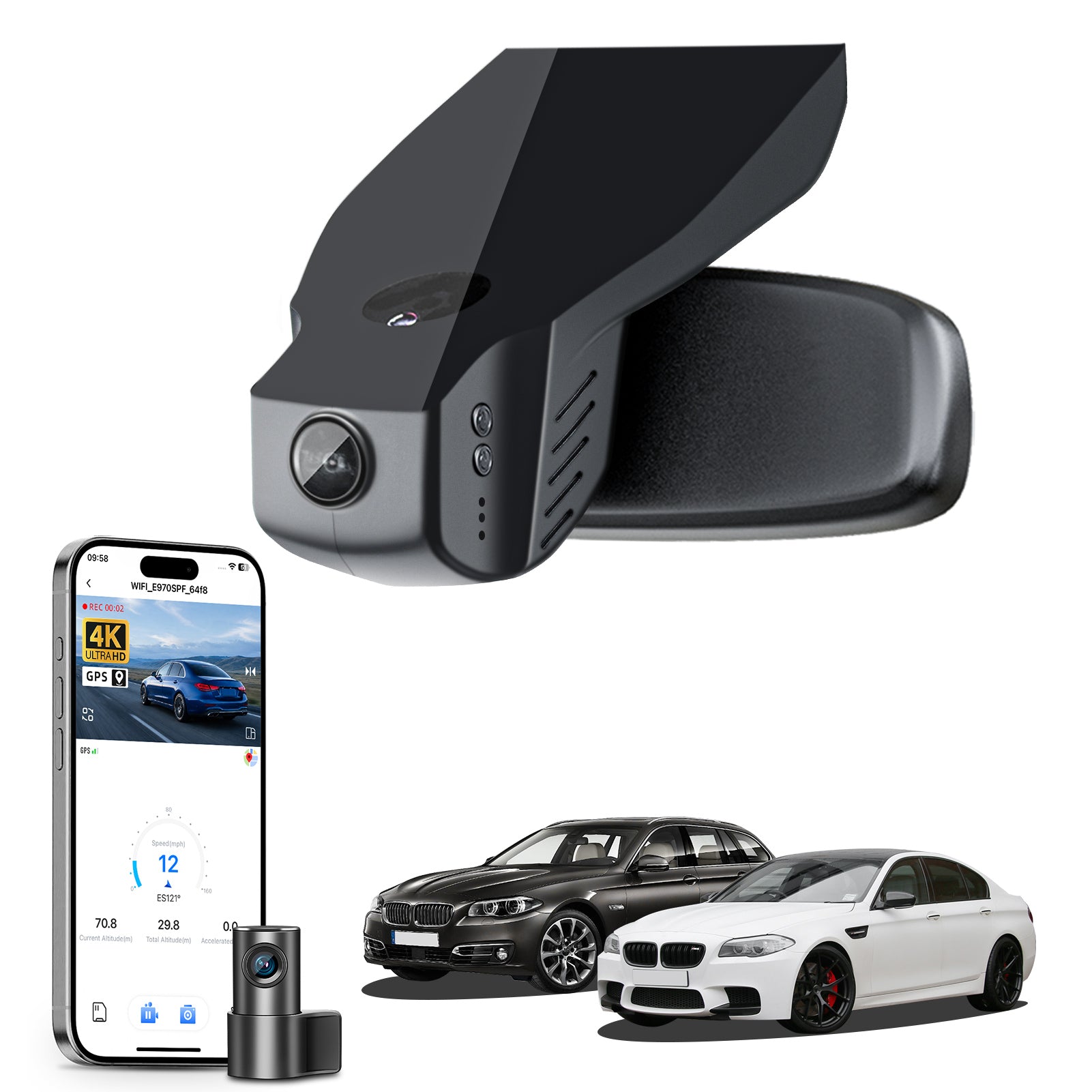 Mangoal 2 channel dash cam with STARVIS sensor, features smartphone app control, front 4K UHD and rear Full HD recording, GPS tracking, and BMW 5 Series Gen6 models in the background.