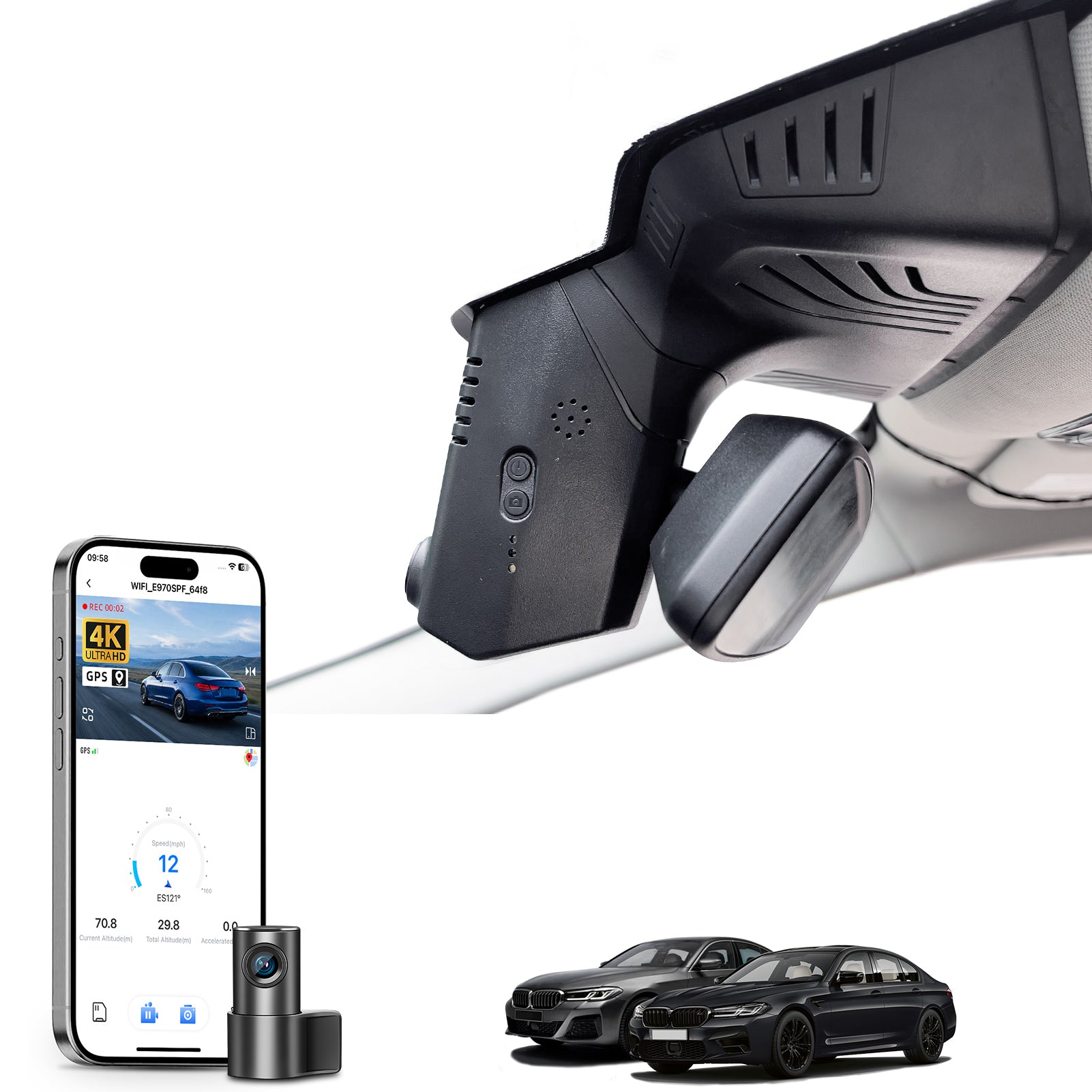 Mangoal 2 channel dash cam with STARVIS sensor, features smartphone app control, front 4K UHD and rear Full HD recording, GPS tracking, and BMW 5 Series Gen7 models in the background.