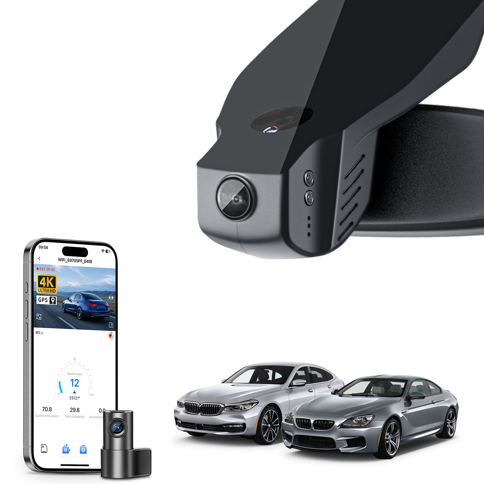 Mangoal 2 channel dash cam with STARVIS sensor, features smartphone app control, front 4K UHD and rear Full HD recording, GPS tracking, and BMW 6 Series Gen3 models in the background.