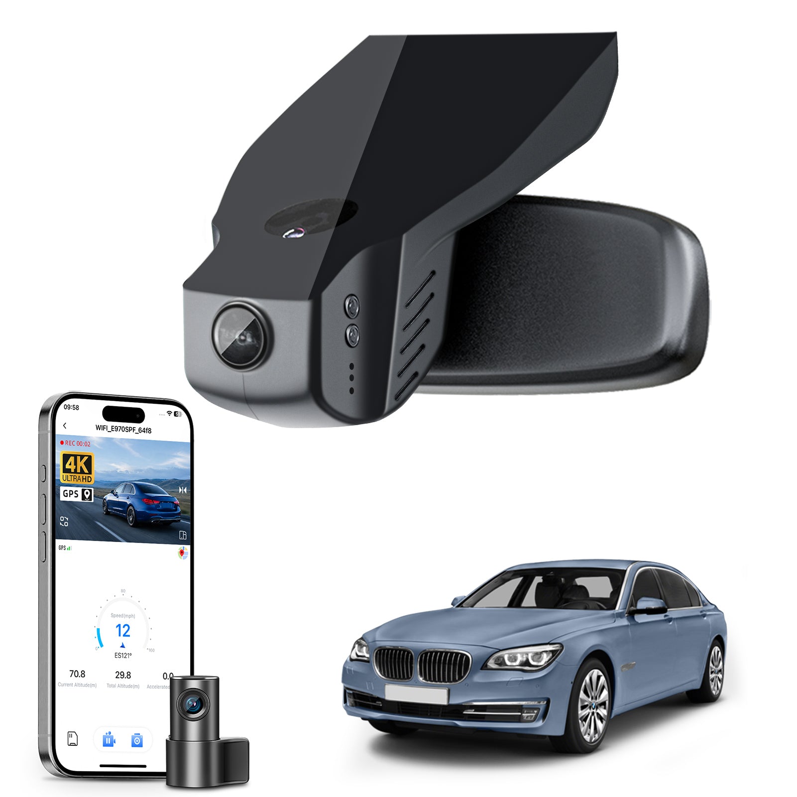 Mangoal 2 channel dash cam with STARVIS sensor, features smartphone app control, front 4K UHD and rear Full HD recording, GPS tracking, and BMW 7 Series Gen5 models in the background.