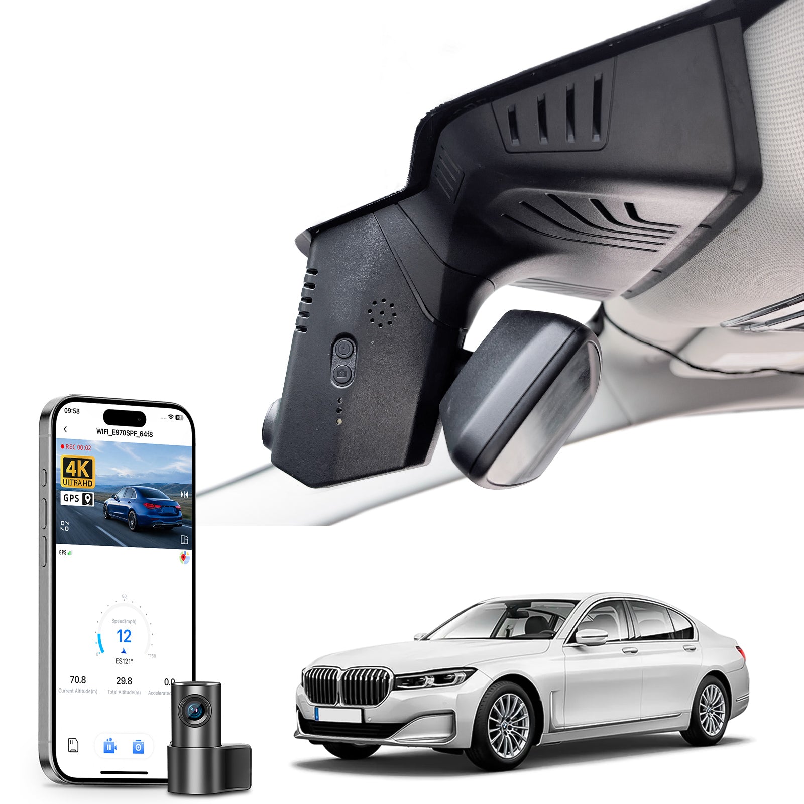 Mangoal 2 channel dash cam with STARVIS sensor, features smartphone app control, front 4K UHD and rear Full HD recording, GPS tracking, and BMW 7 Series Gen6 models in the background.