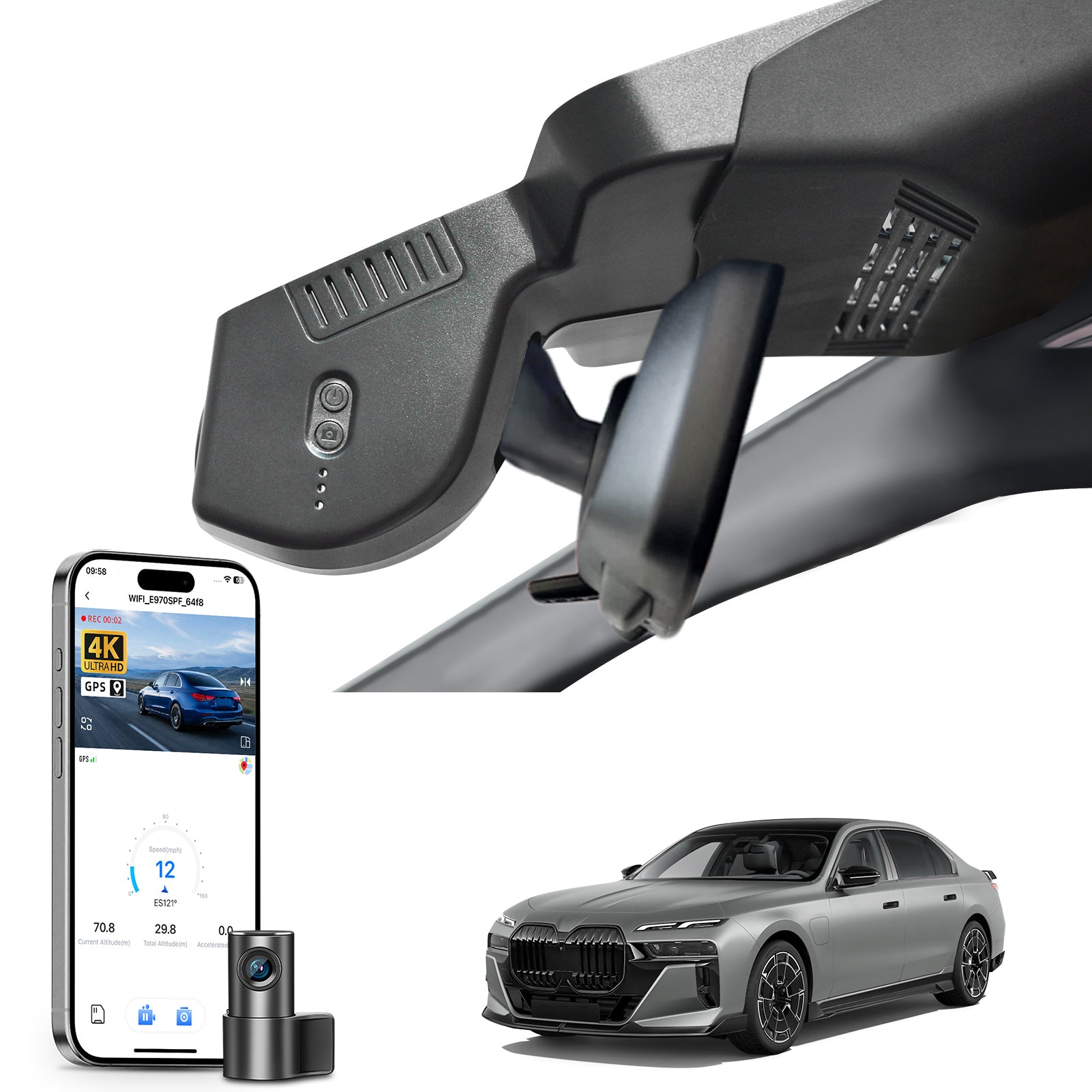 Mangoal 2 channel dash cam with STARVIS sensor, features smartphone app control, front 4K UHD and rear Full HD recording, GPS tracking, and BMW 7 Series Gen7 models in the background.