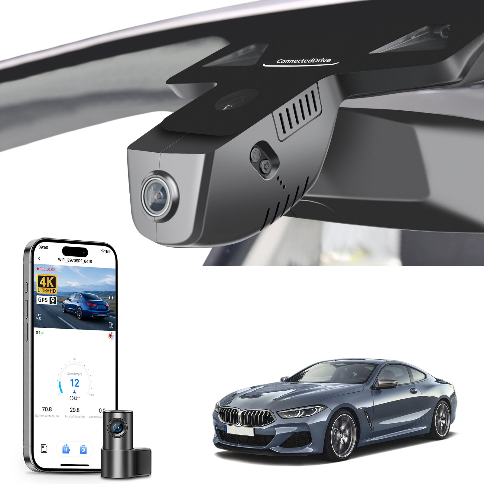 Mangoal 2 channel dash cam with STARVIS sensor, features smartphone app control, front 4K UHD and rear Full HD recording, GPS tracking, and BMW 8 Series Gen2 models in the background.
