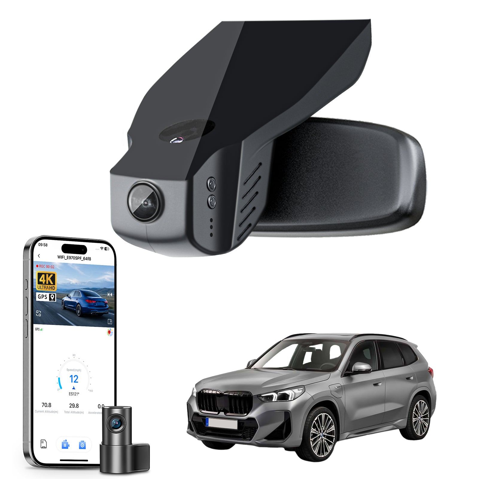 Mangoal 2 channel dash cam with STARVIS sensor, features smartphone app control, front 4K UHD and rear Full HD recording, GPS tracking, and BMW X1 Gen2 models in the background.