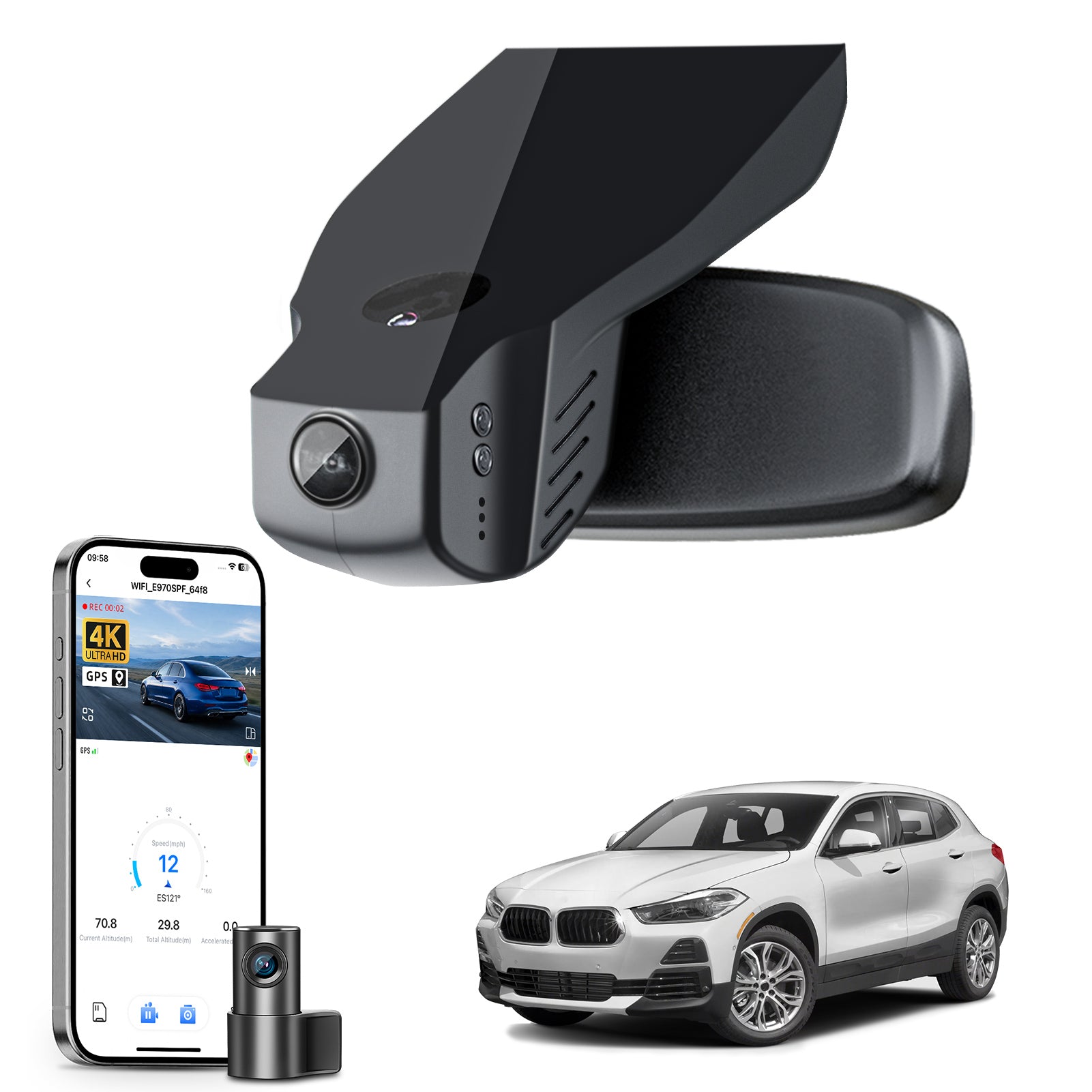 Mangoal 2 channel dash cam with STARVIS sensor, features smartphone app control, front 4K UHD and rear Full HD recording, GPS tracking, and BMW X2 Gen1 models in the background.