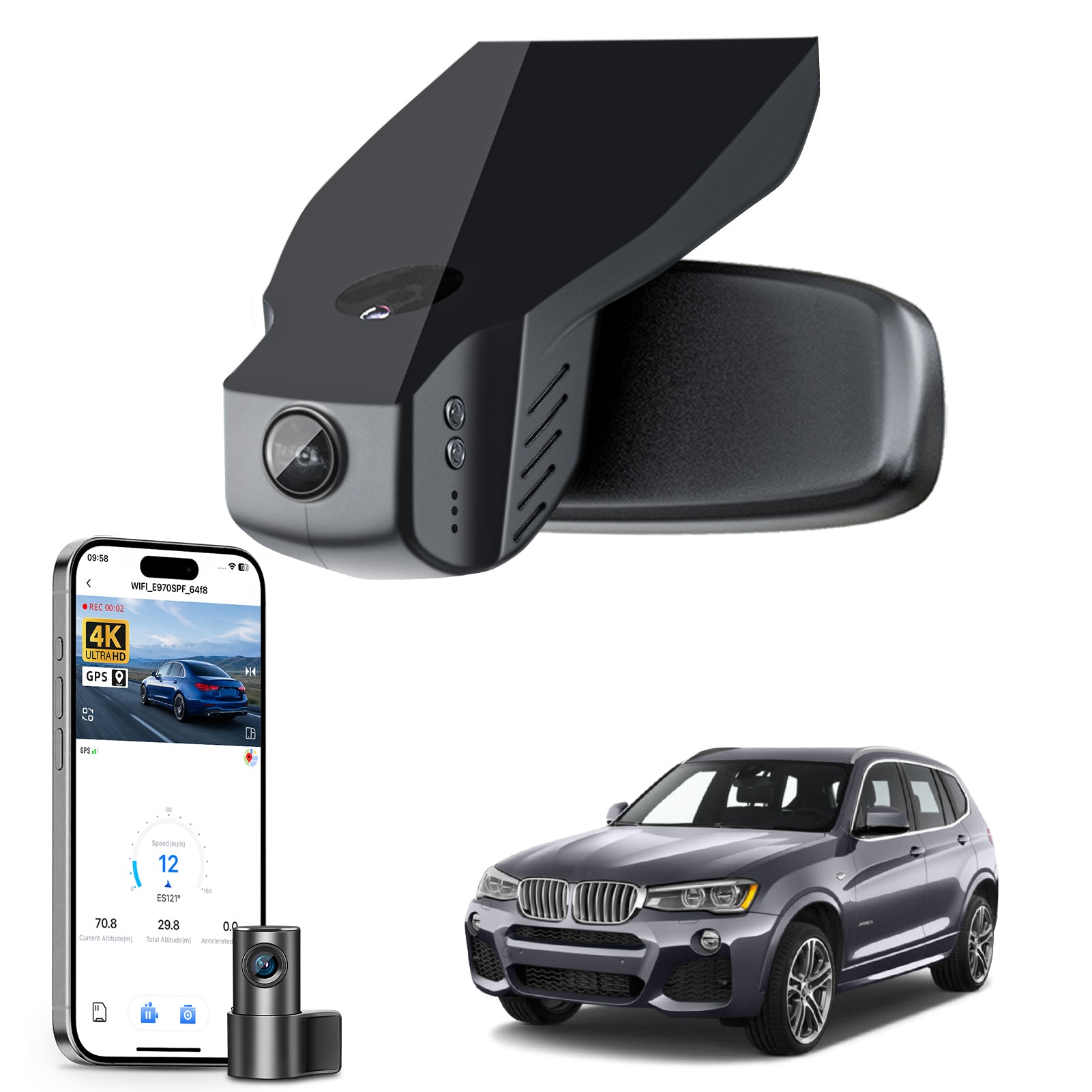 Mangoal 2 channel dash cam with STARVIS sensor, features smartphone app control, front 4K UHD and rear Full HD recording, GPS tracking, and BMW X3 Gen2 models in the background.