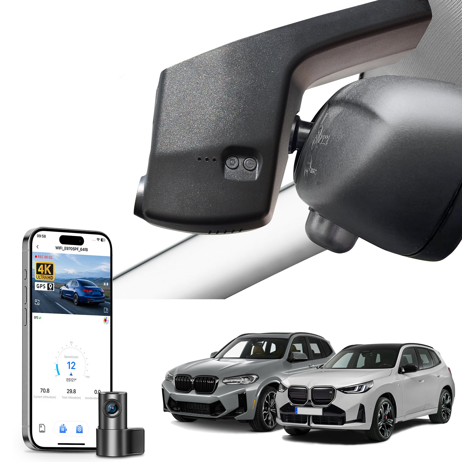 Mangoal 2 channel dash cam with STARVIS sensor, features smartphone app control, front 4K UHD and rear Full HD recording, GPS tracking, and BMW X3 Gen3 models in the background.