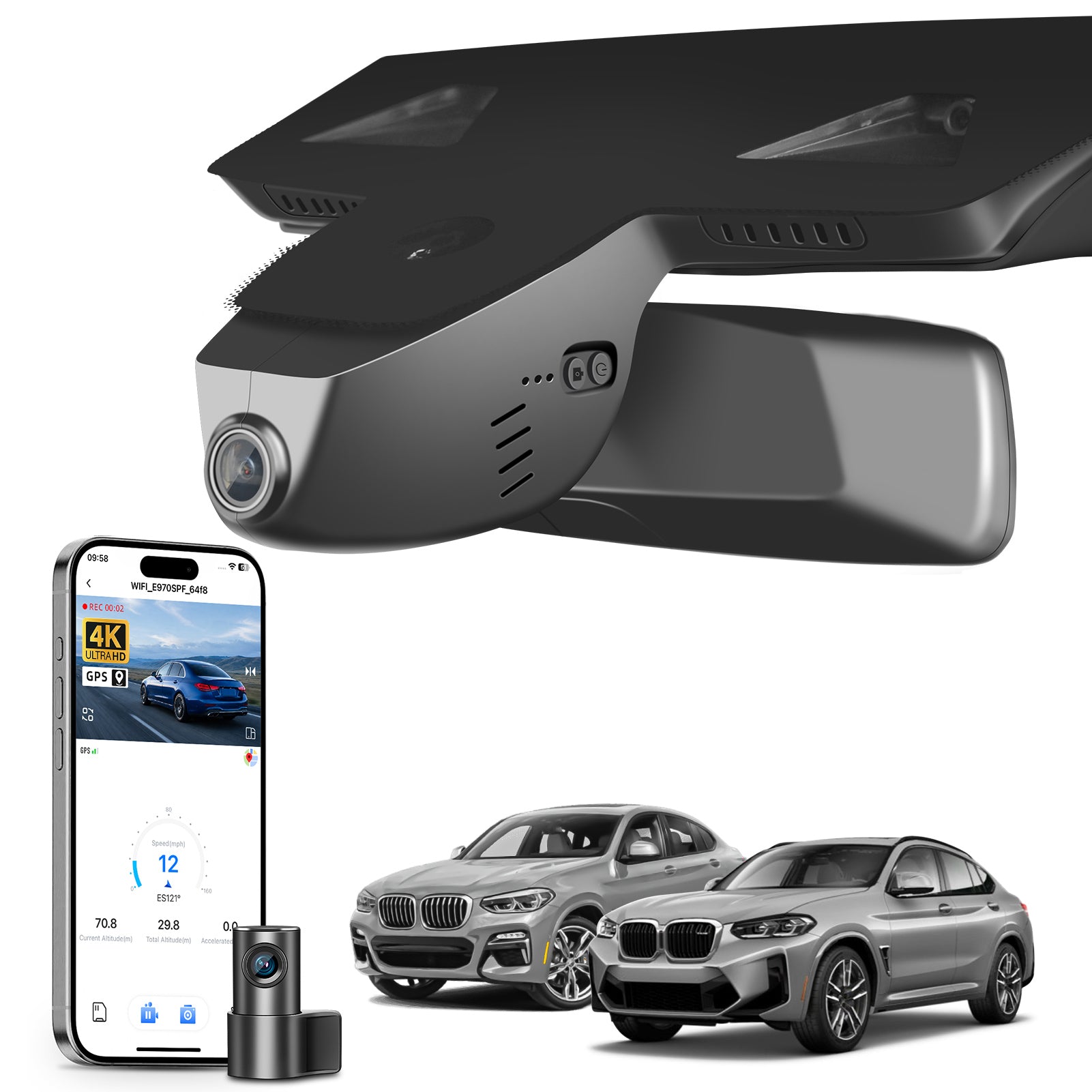 Mangoal 2 channel dash cam with STARVIS sensor, features smartphone app control, front 4K UHD and rear Full HD recording, GPS tracking, and BMW X4 Gen2 models in the background.