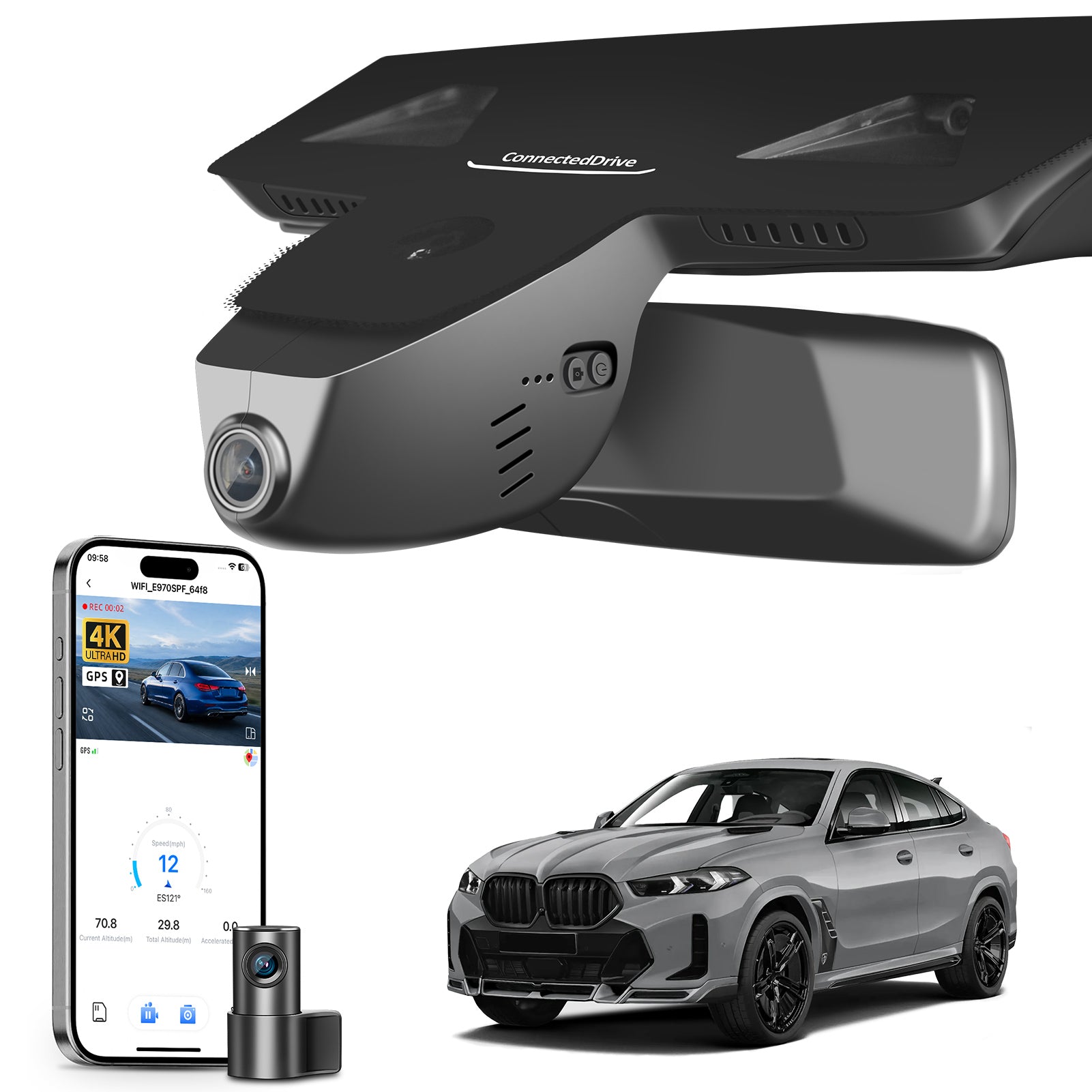Mangoal 2 channel dash cam with STARVIS sensor, features smartphone app control, front 4K UHD and rear Full HD recording, GPS tracking, and BMW X6 Gen3 models in the background.