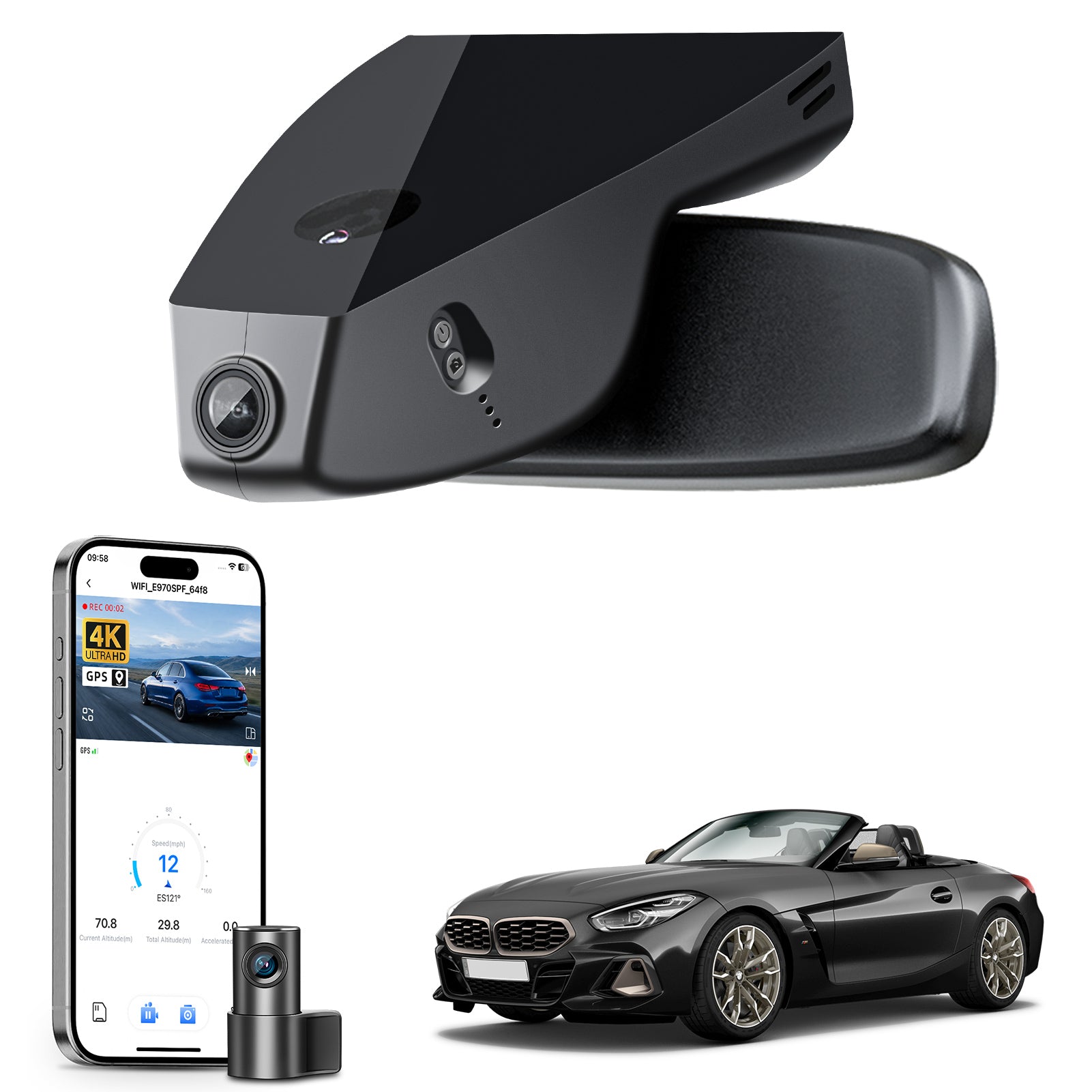
Mangoal 2 channel dash cam with STARVIS sensor, features smartphone app control, front 4K UHD and rear Full HD recording, GPS tracking, and BMW Z4 models in the background.