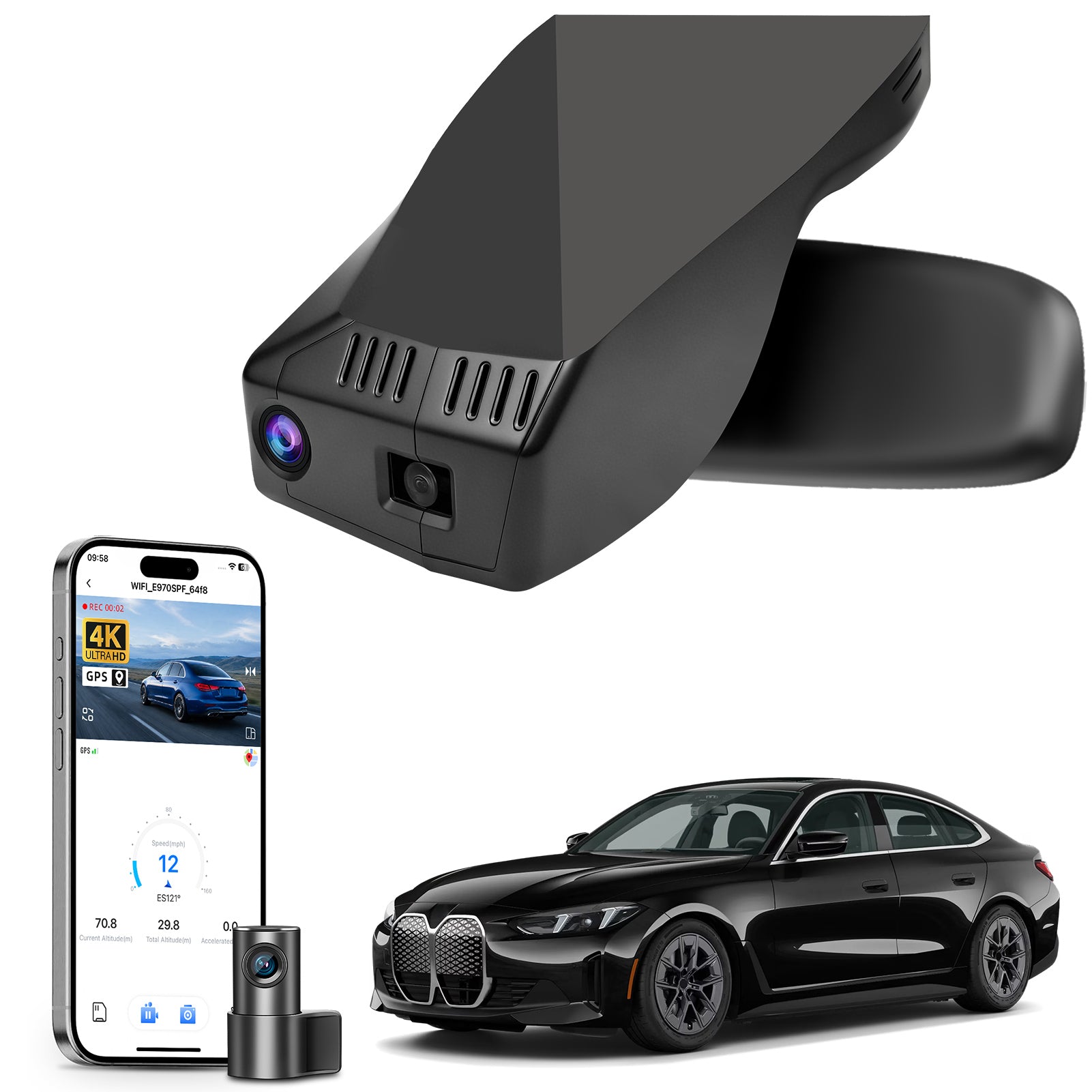 Mangoal 2 channel dash cam with STARVIS sensor, features smartphone app control, front 4K UHD and rear Full HD recording, GPS tracking, and BMW-i4 models in the background.