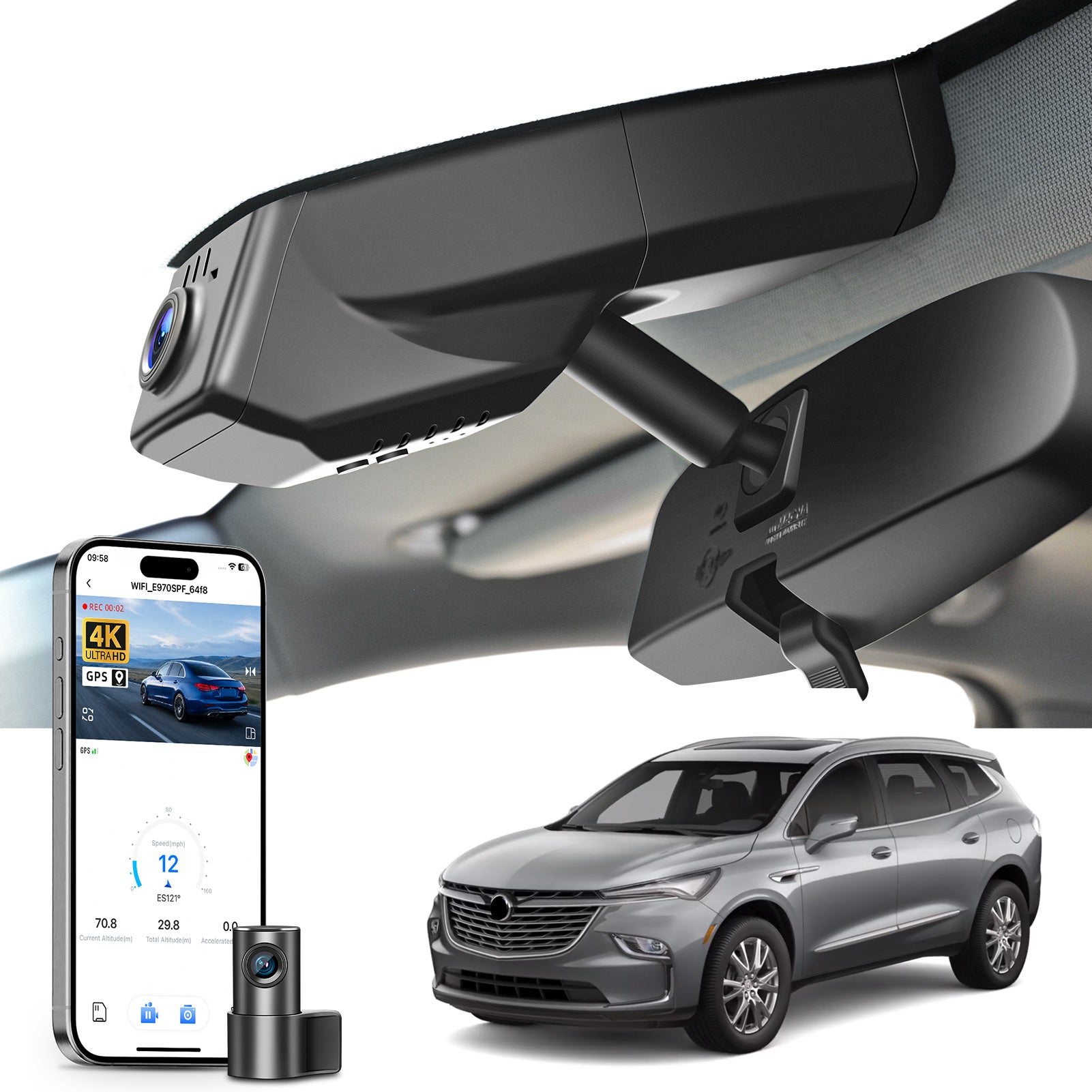 Mangoal 2 channel dash cam with STARVIS sensor, features smartphone app control, front 4K UHD and rear Full HD recording, GPS tracking, and Buick Enclave models in the background.