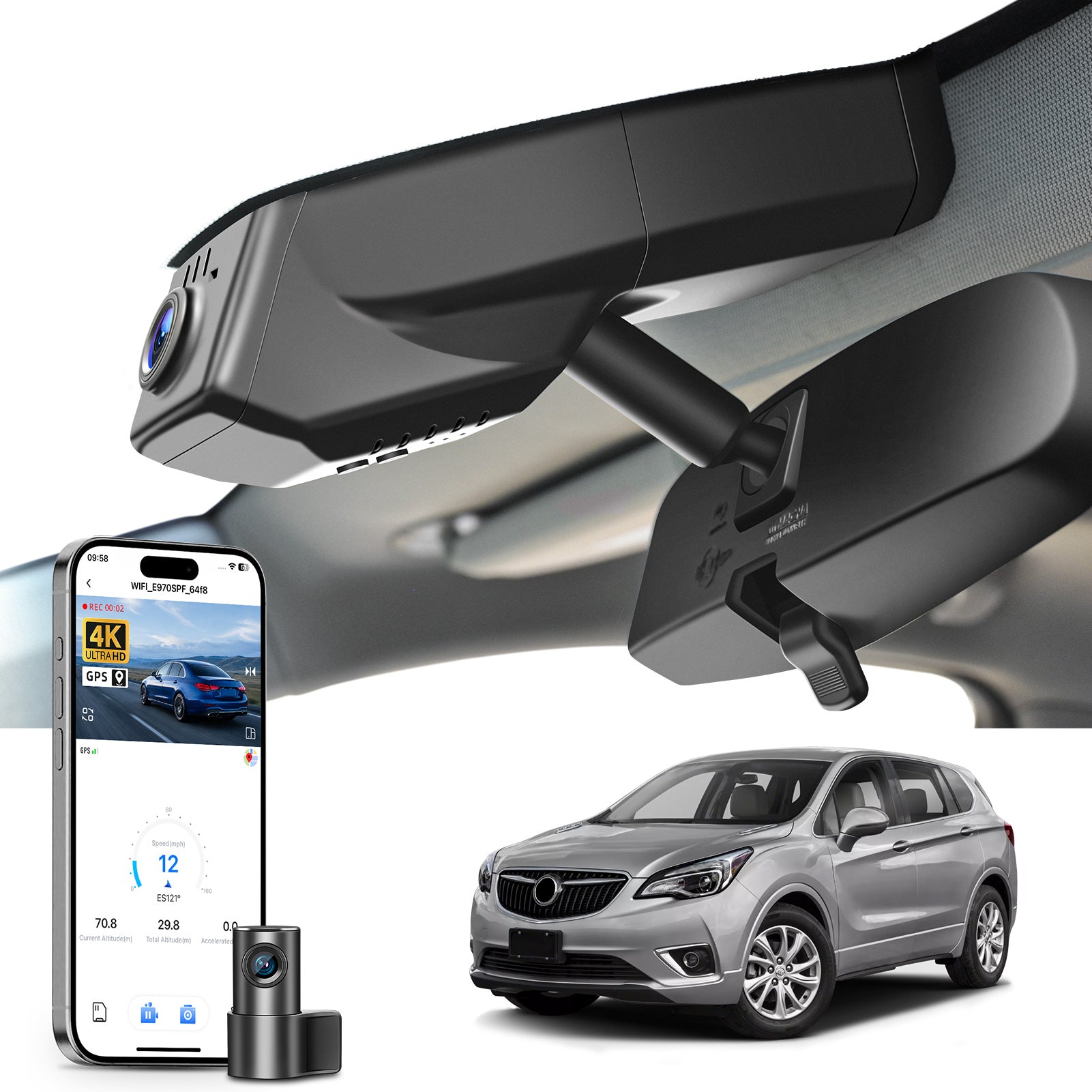 Mangoal 2 channel dash cam with STARVIS sensor, features smartphone app control, front 4K UHD and rear Full HD recording, GPS tracking, and Buick Envision models in the background.