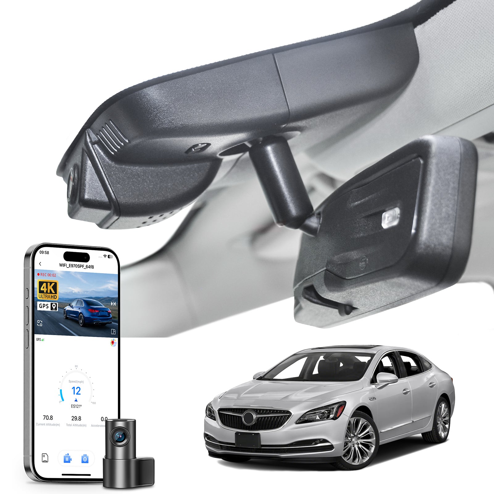 Mangoal 2 channel dash cam with STARVIS sensor, features smartphone app control, front 4K UHD and rear Full HD recording, GPS tracking, and Buick Lacrosse models in the background.