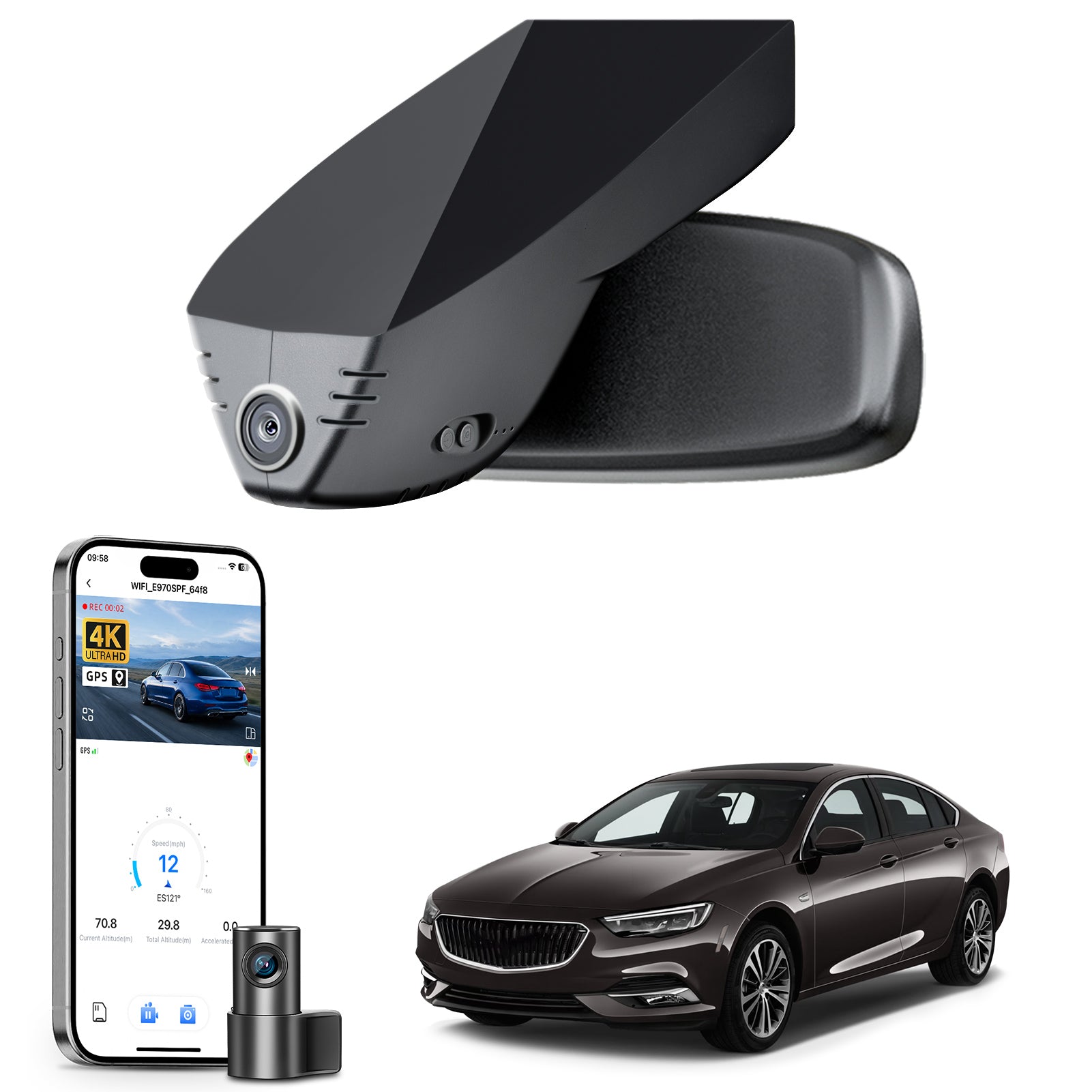 Mangoal 2 channel dash cam with STARVIS sensor, features smartphone app control, front 4K UHD and rear Full HD recording, GPS tracking, and Buick Regal models in the background.
