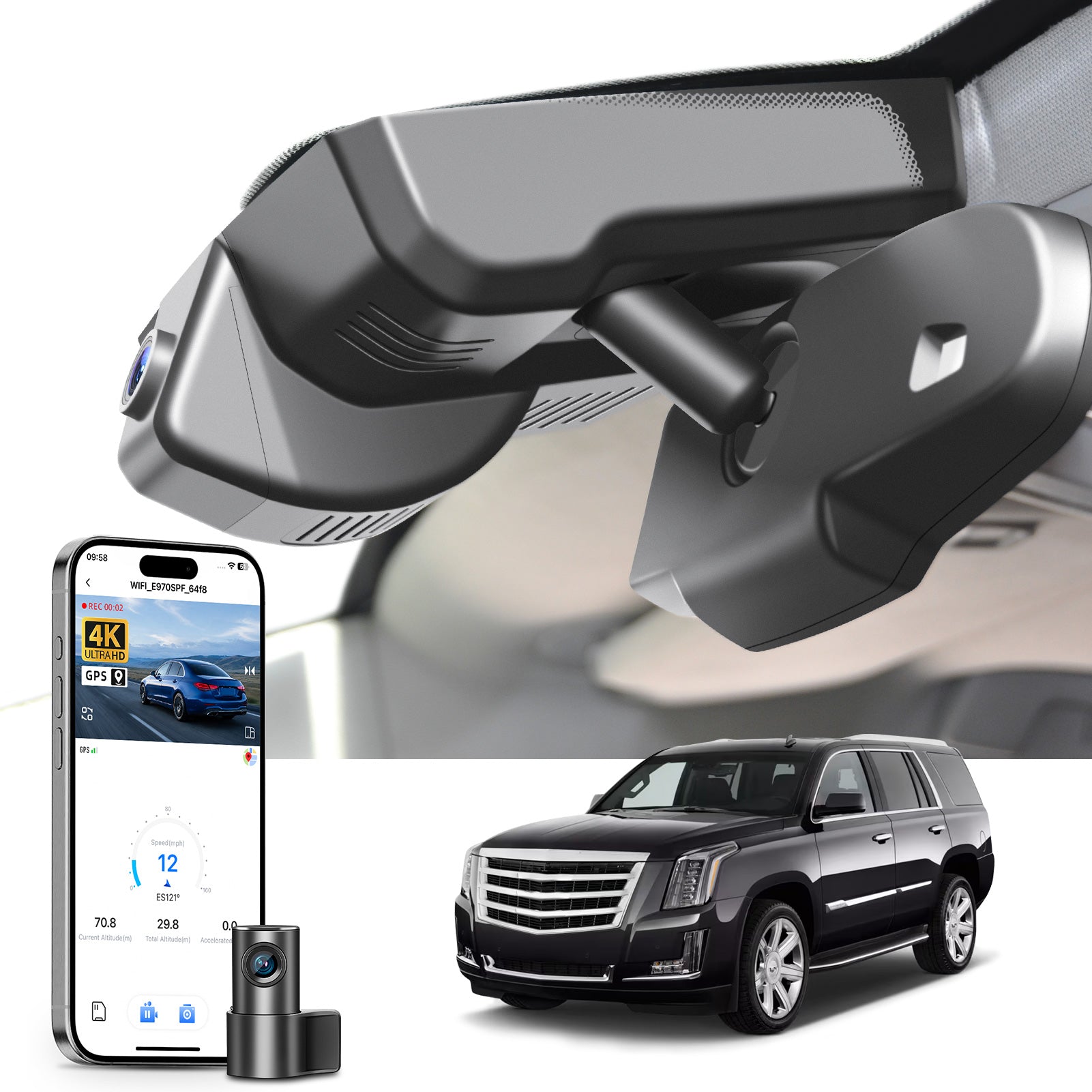 Mangoal 2 channel dash cam with STARVIS sensor, features smartphone app control, front 4K UHD and rear Full HD recording, GPS tracking, and Cadillac Escalade SUV models in the background.
