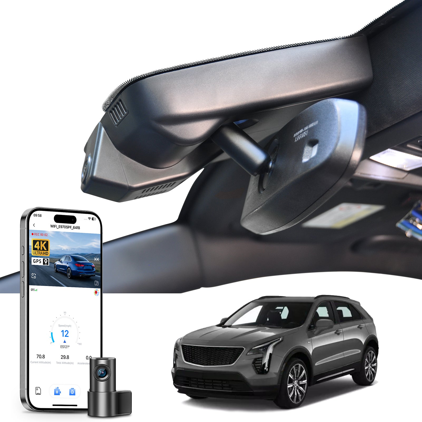 Mangoal 2 channel dash cam with STARVIS sensor, features smartphone app control, front 4K UHD and rear Full HD recording, GPS tracking, and Cadillac XT4 models in the background.