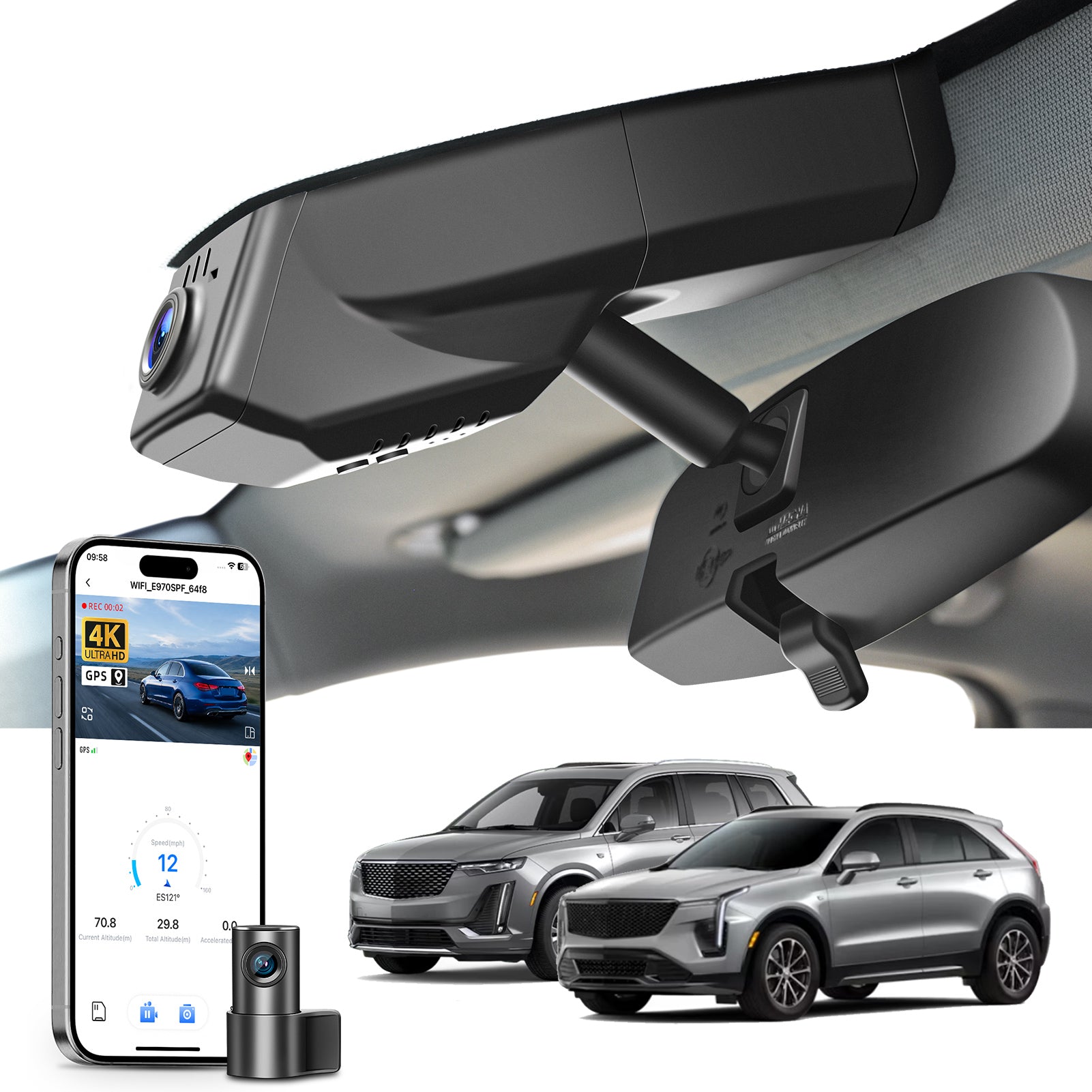Mangoal 2 channel dash cam with STARVIS sensor, features smartphone app control, front 4K UHD and rear Full HD recording, GPS tracking, and Cadillac XT5 models in the background.
