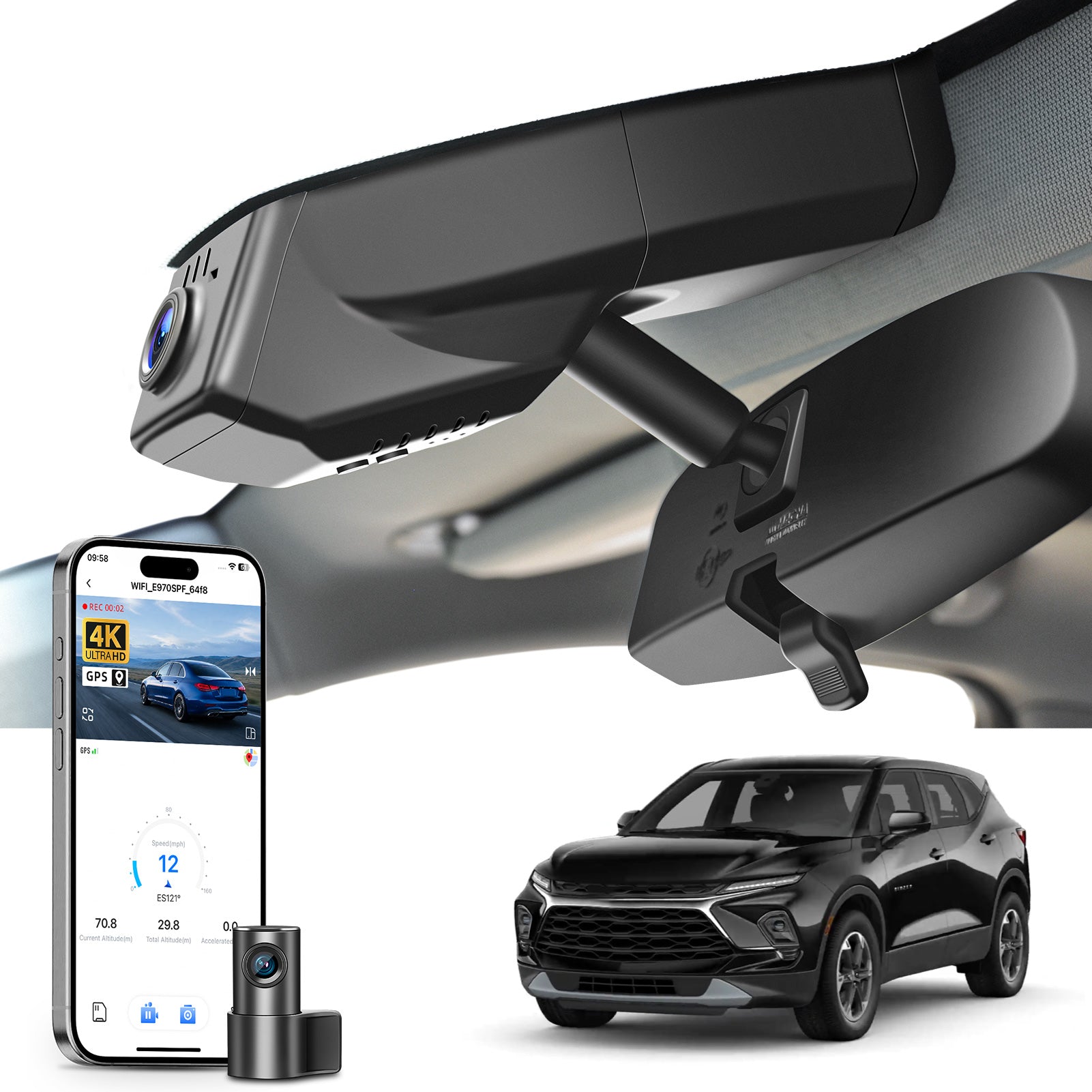 Mangoal 2 channel dash cam with STARVIS sensor, features smartphone app control, front 4K UHD and rear Full HD recording, GPS tracking, and Chevy Blazer models in the background.