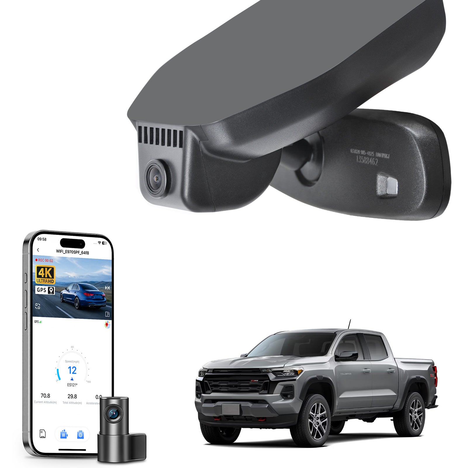 Mangoal 2 channel dash cam with STARVIS sensor, features smartphone app control, front 4K UHD and rear Full HD recording, GPS tracking, and Chevy Colorado models in the background.