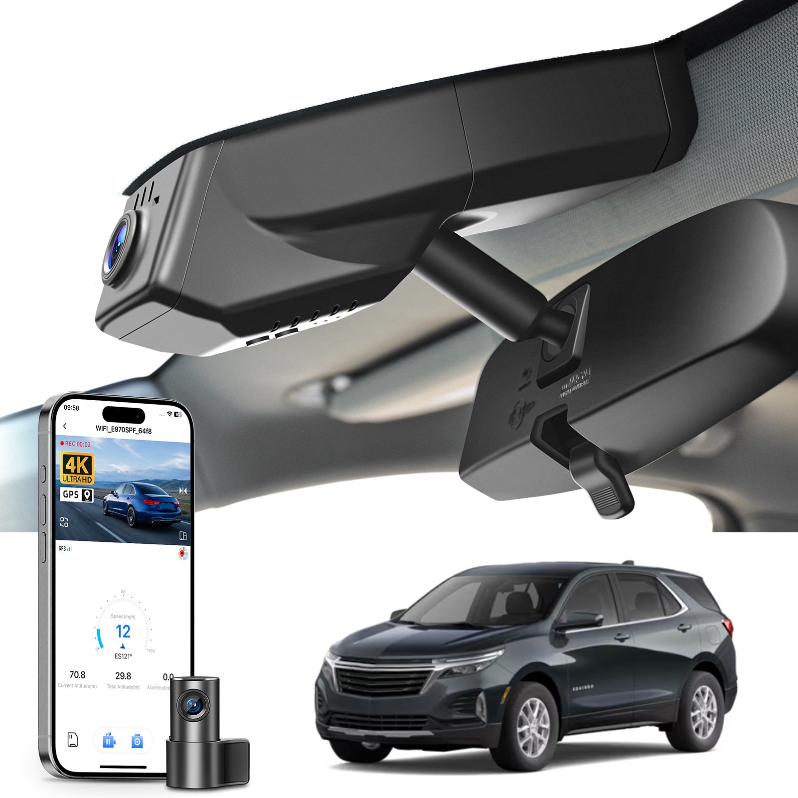 Mangoal 2 channel dash cam with STARVIS sensor, features smartphone app control, front 4K UHD and rear Full HD recording, GPS tracking, and Chevy Equinox models in the background.