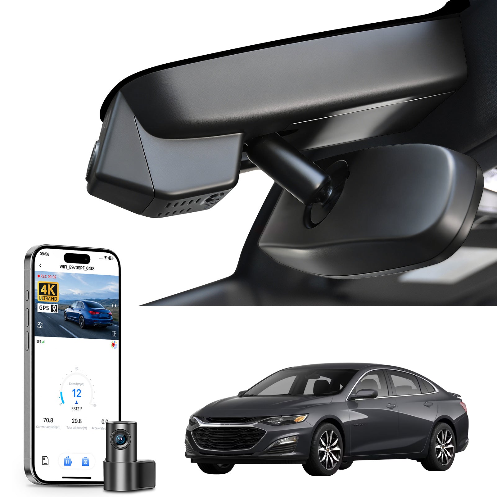 Mangoal 2 channel dash cam with STARVIS sensor, features smartphone app control, front 4K UHD and rear Full HD recording, GPS tracking, and Chevy Malibu models in the background.