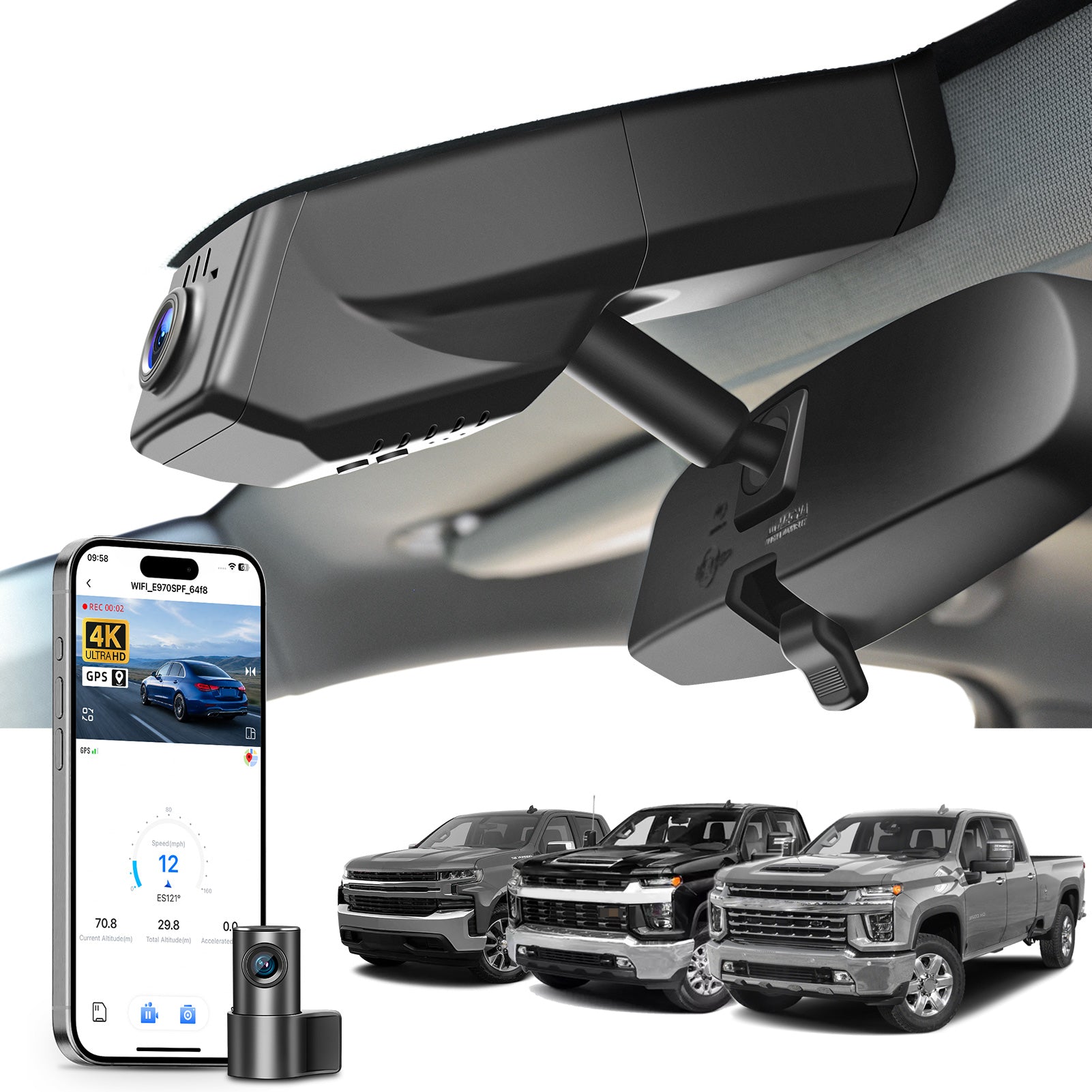 Mangoal 2 channel dash cam with STARVIS sensor, features smartphone app control, front 4K UHD and rear Full HD recording, GPS tracking, and Chevy Silverado models in the background.