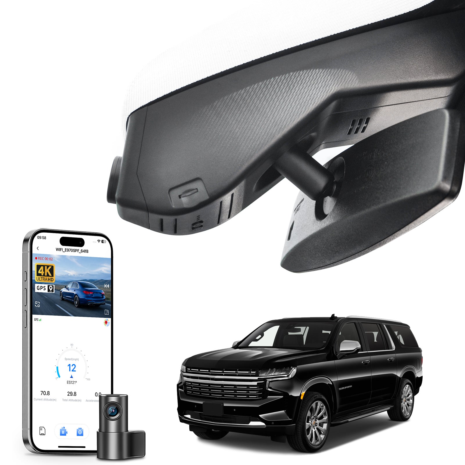 Mangoal 2 channel dash cam with STARVIS sensor, features smartphone app control, front 4K UHD and rear Full HD recording, GPS tracking, and Chevy Suburban Tahoe models in the background.
