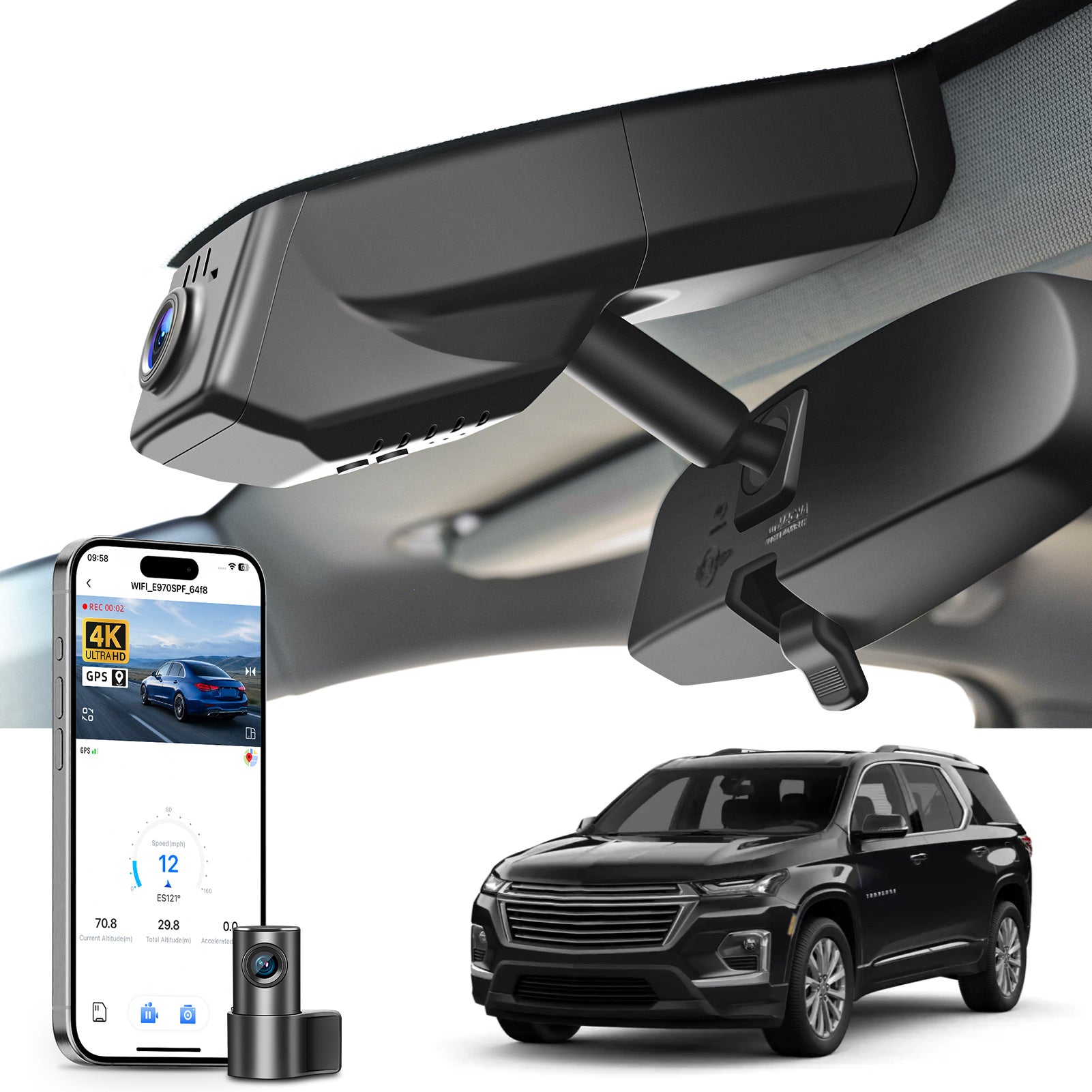Mangoal 2 channel dash cam with STARVIS sensor, features smartphone app control, front 4K UHD and rear Full HD recording, GPS tracking, and Chevy Traverse models in the background.