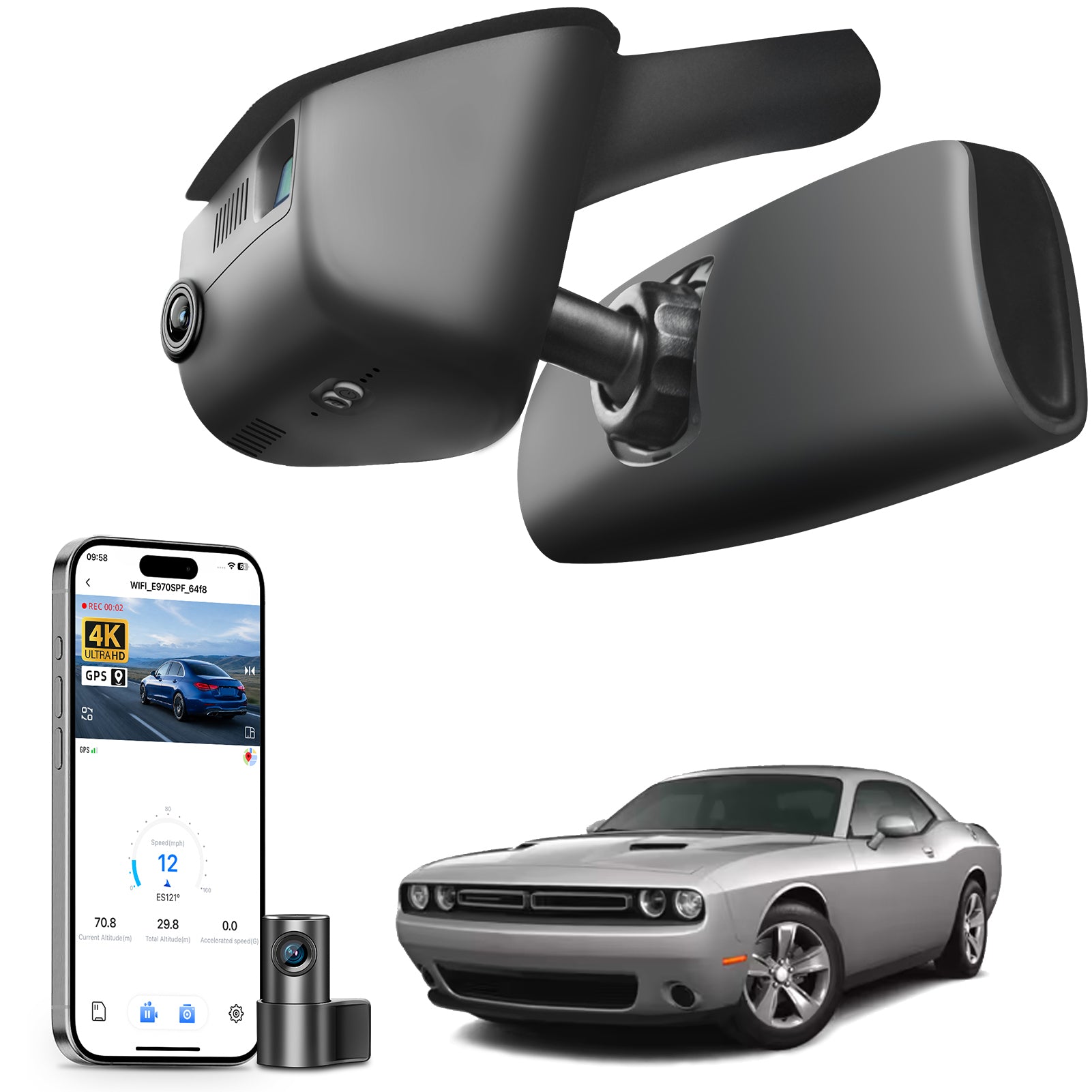 Mangoal 2 channel dash cam with STARVIS sensor, features smartphone app control, front 4K UHD and rear Full HD recording, GPS tracking, and Dodge Challenger models in the background.